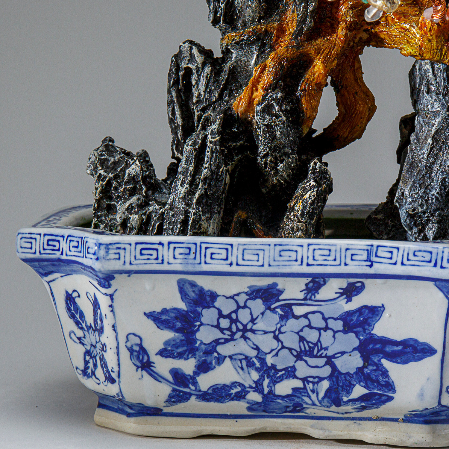 Genuine Multi Gemstone Bonsai Tree in Oval Ceramic Pot (13”)