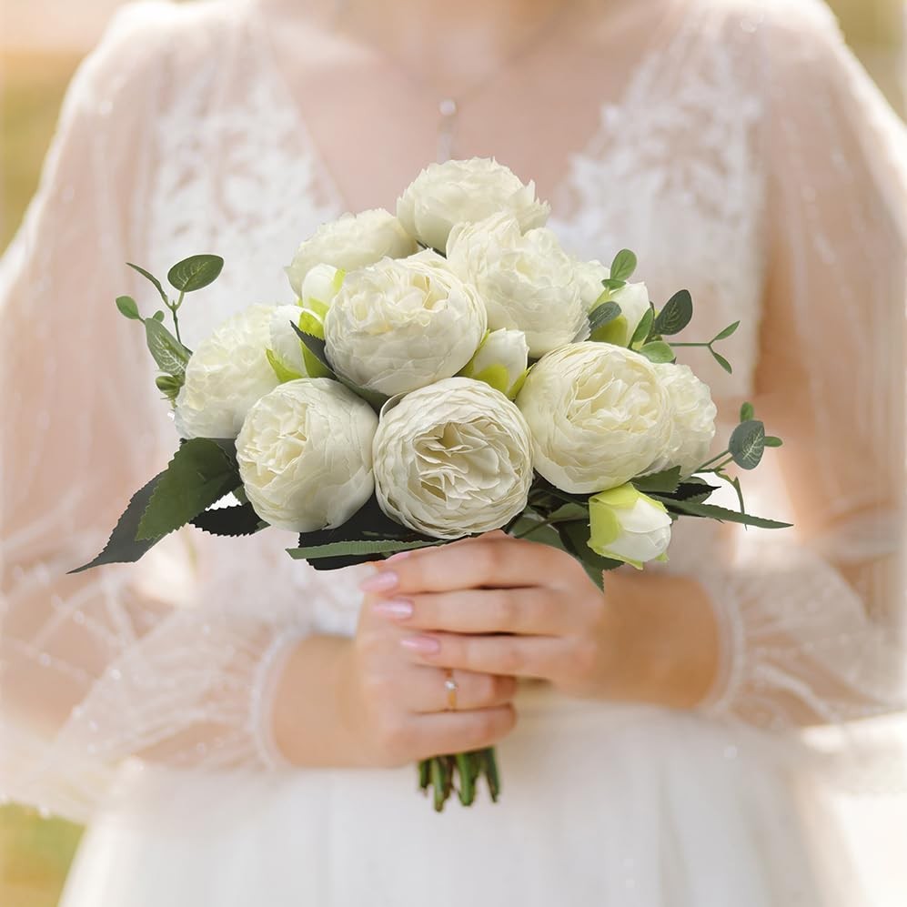 4 PCS Artificial Peony Flowers White Silk Fake Peony Bouquets For Wedding Decor