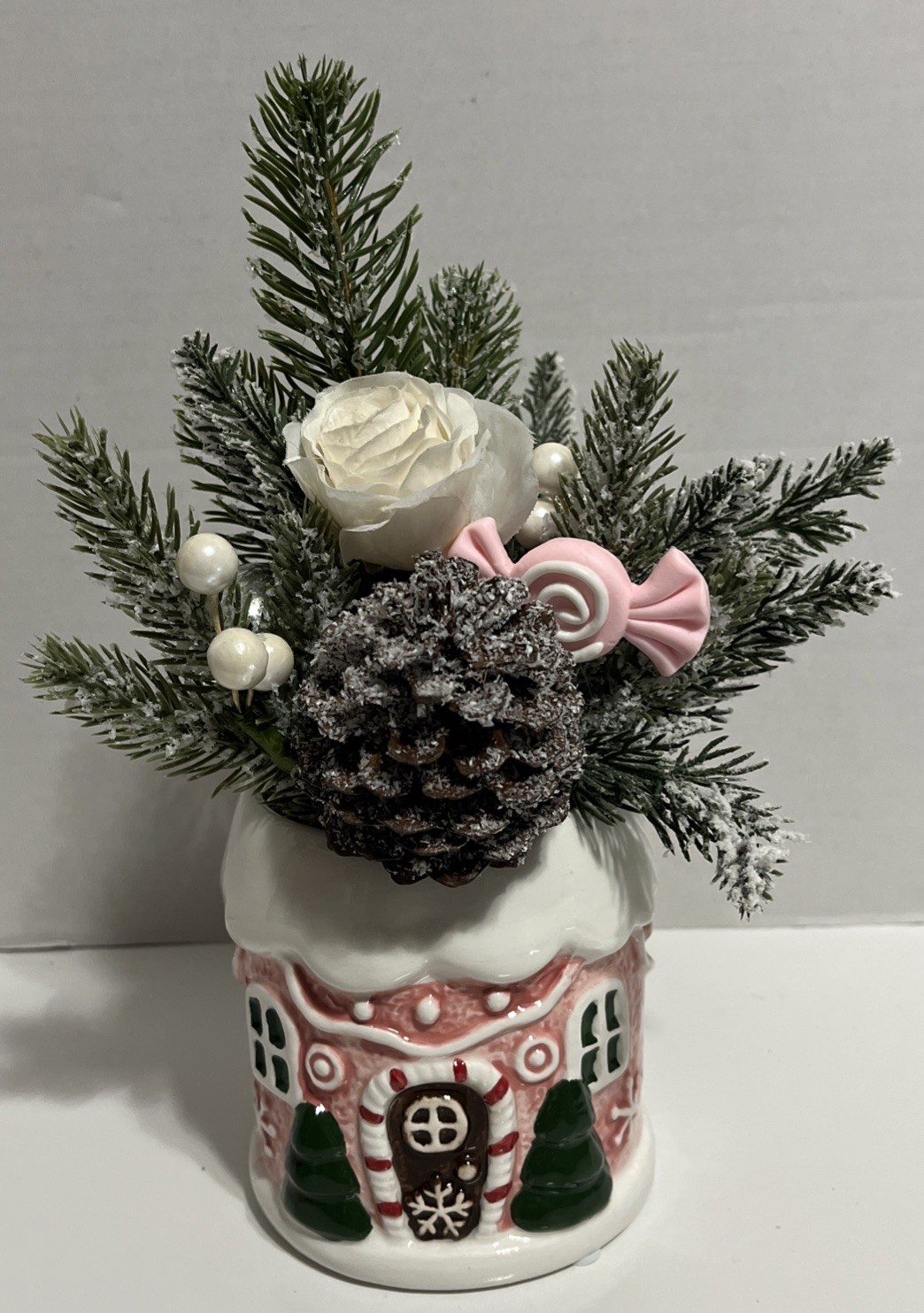 Flora Bunda Christmas Artificial Plant Pink Gingerbread House Ceramic Pot Decor