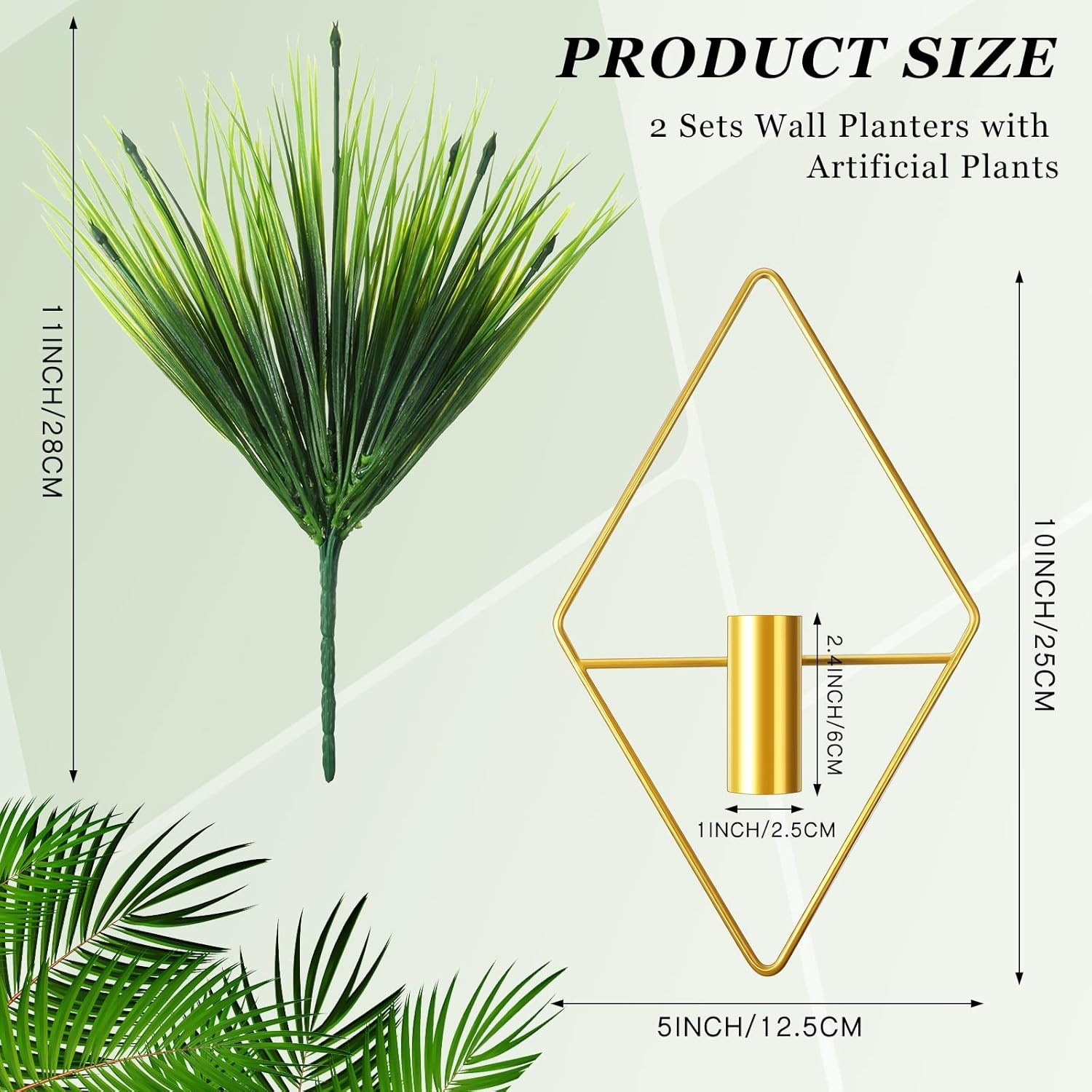 2 Pieces Gold Wall Decor Hanging Planters W/ Artificial Plants Metal Vase Indoor
