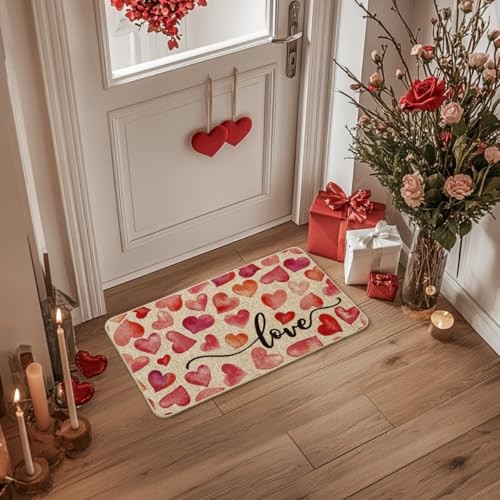 Heart Love Valentine’s Day Doormat, Anniversary Wedding Home 17″ x 29″ Beige