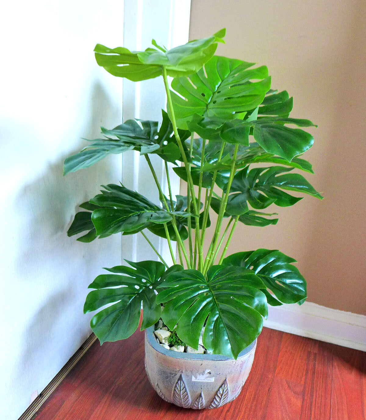 Artificial Monstera Plant 21″ Tall Palm Bush Tree Faux 18 Turtle Big Leaves