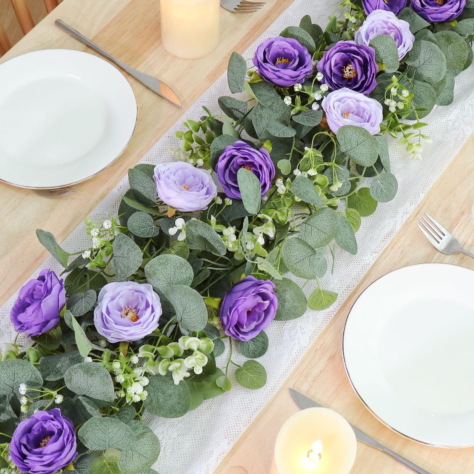 4 Pack Artificial Eucalyptus Flower Garland with Purple Roses, Fake Rose Flow…
