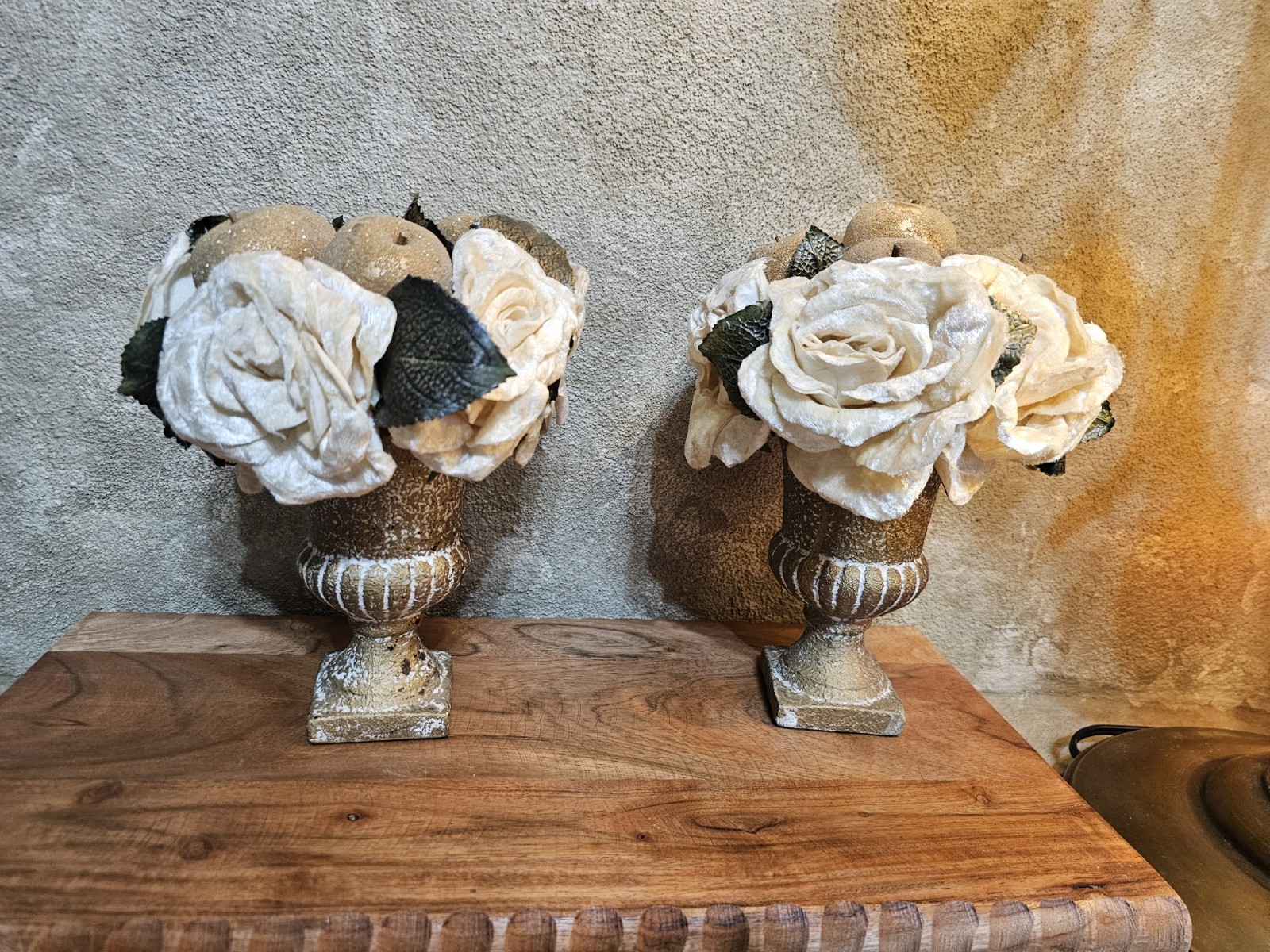 2 Vtg Velvet Floral Arrangement Cream Rose Glitter Apple in Champagne Urn/bowl