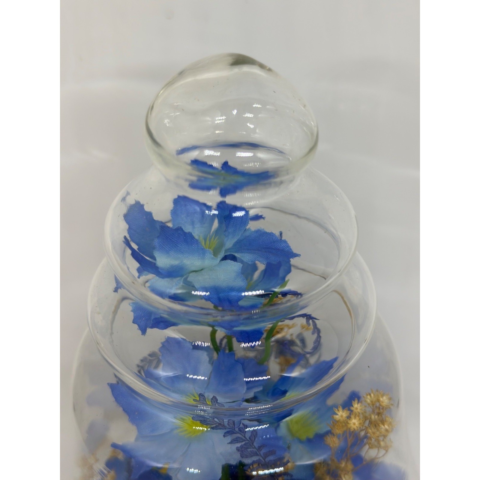 VTG Floral Arrangement Under Glass Cloche Dome Blue Faux Flowers Wood Base Decor