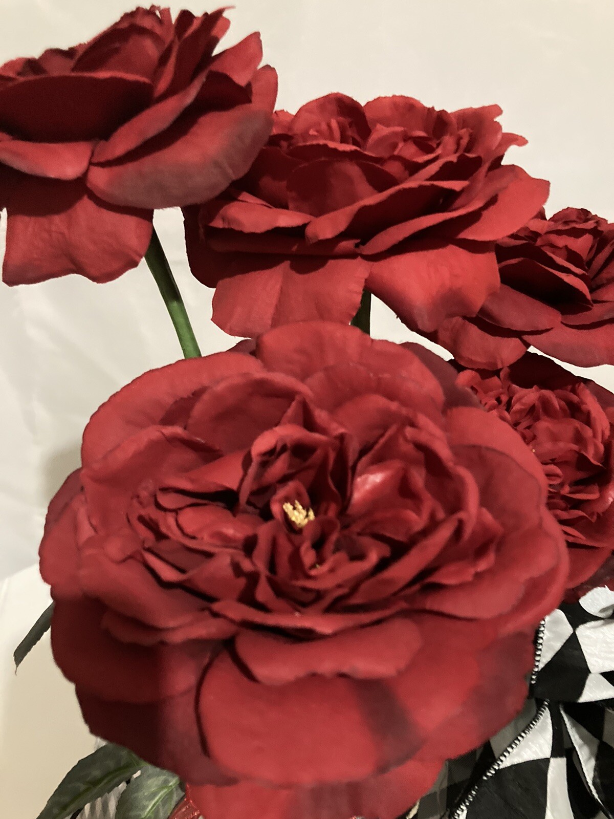 Valentine Red Roses With Black & White Checked Container