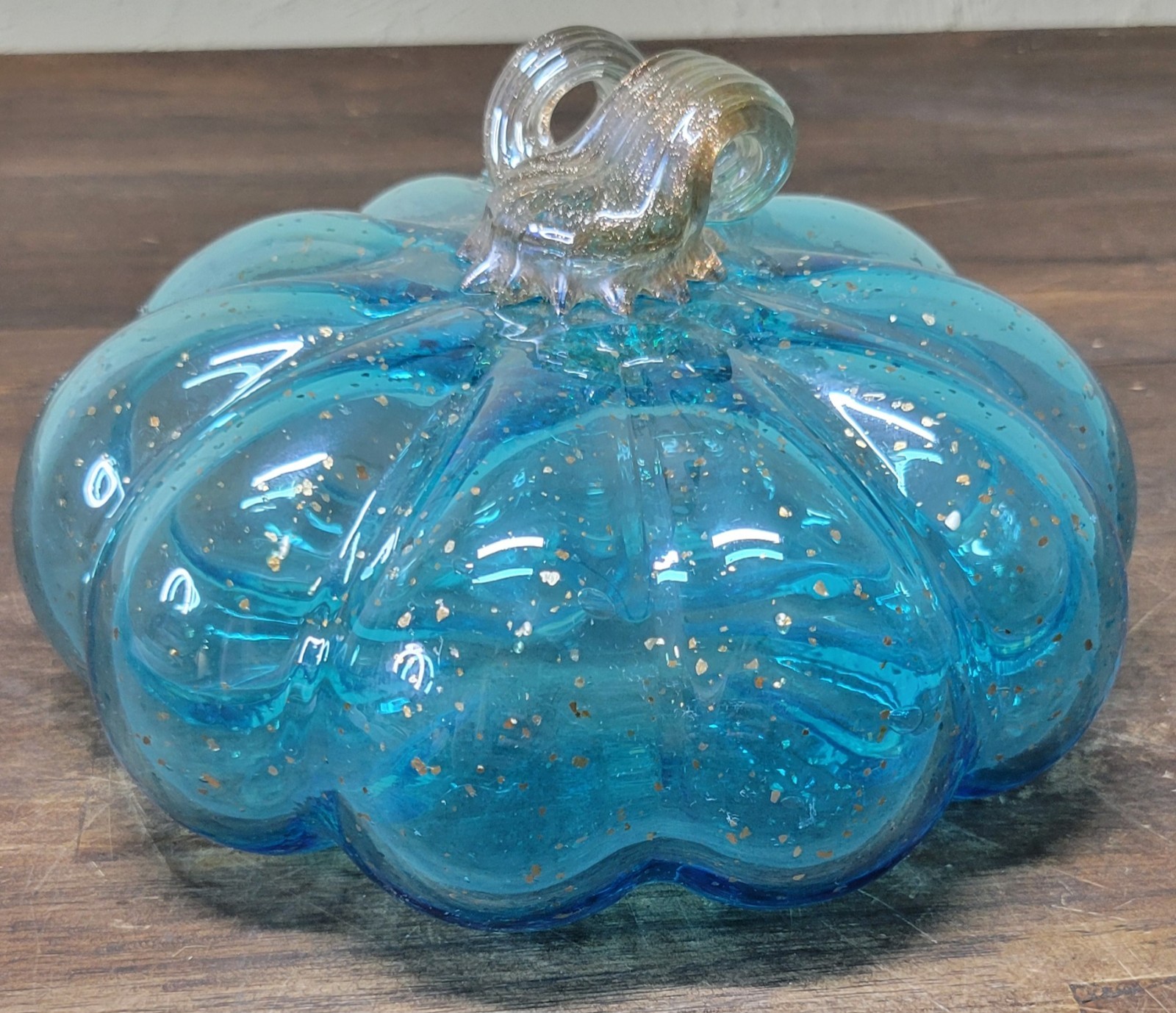 Glitzhome Blue Art Glass Pumpkin Metallic Stem Accent Fairy Fall Decor Gourd 8″