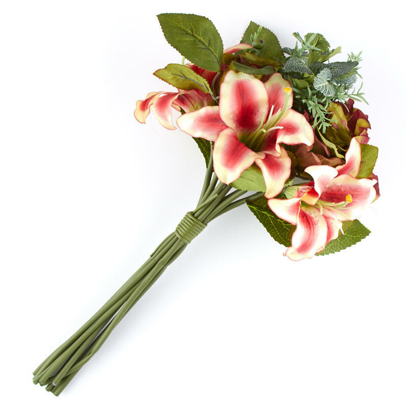 Poly Silk Mixed Rose, Hydrangea, Lily Bundle in Hues of Burgundy and Green