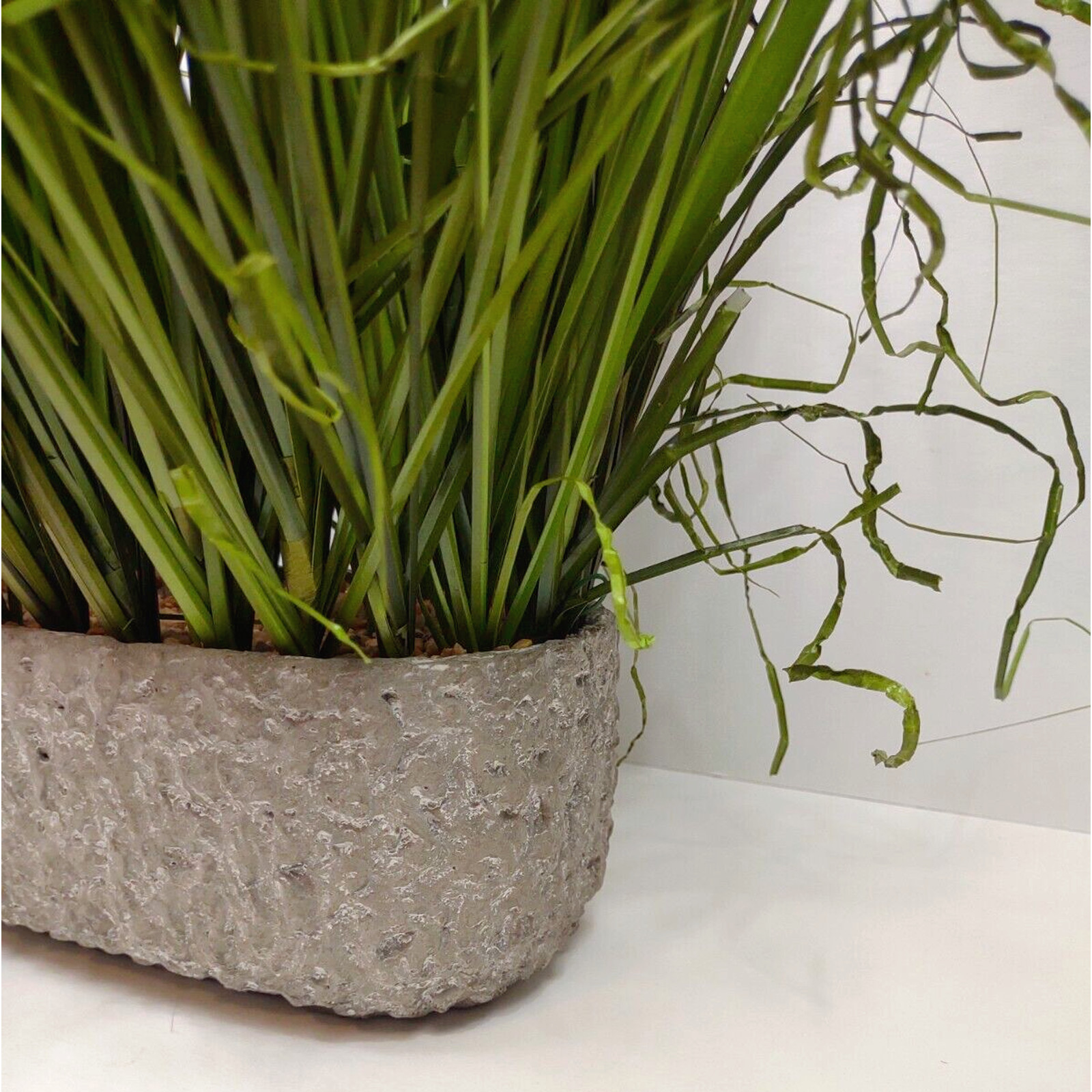 Faux Grass Center Piece Arrangement Rock Filled Cast Textured Vase 24” Tall