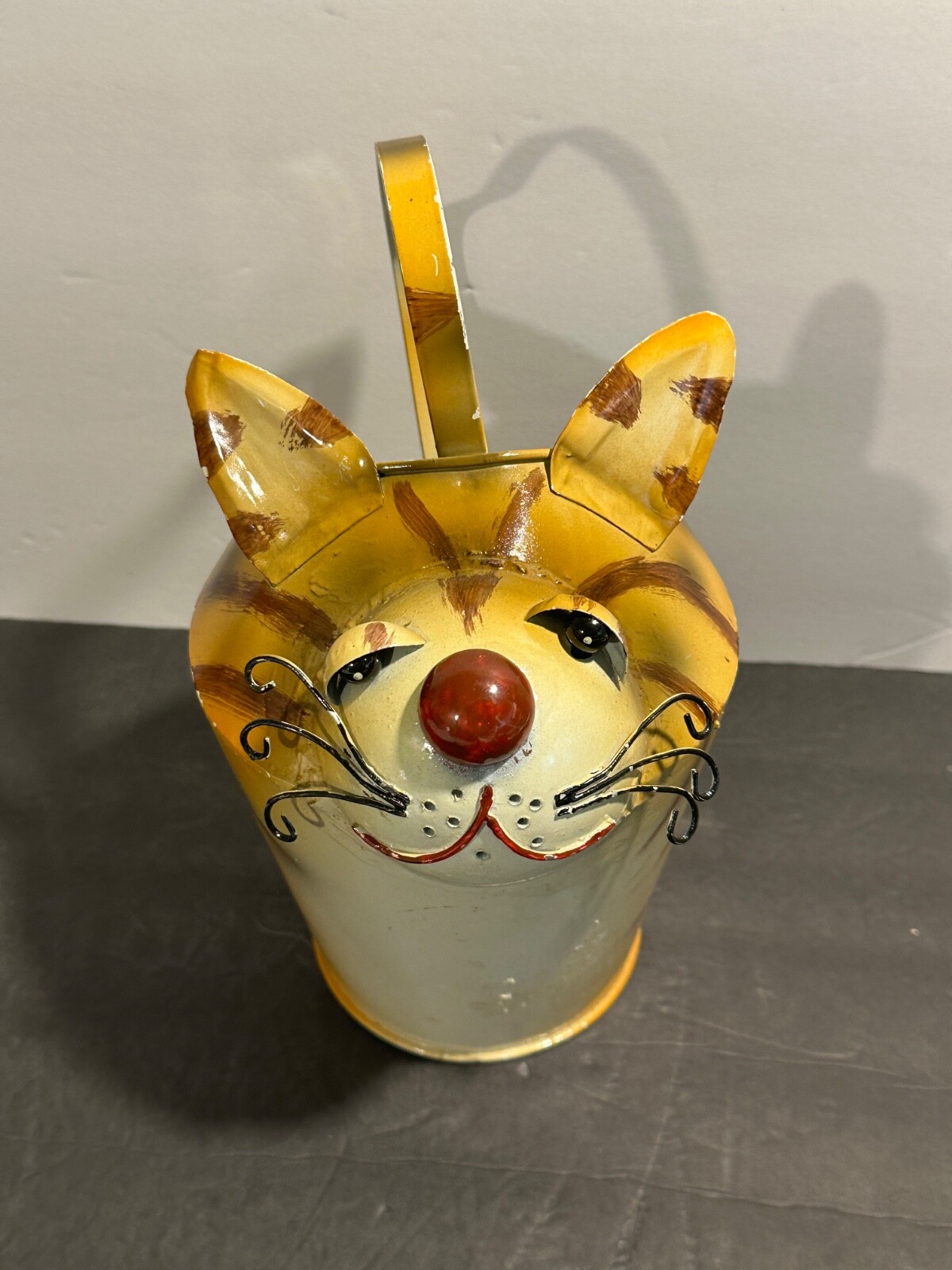 Metal Hand-Painted & Distressed Whimsical Yellow Tabby Kitty Cat Watering Can