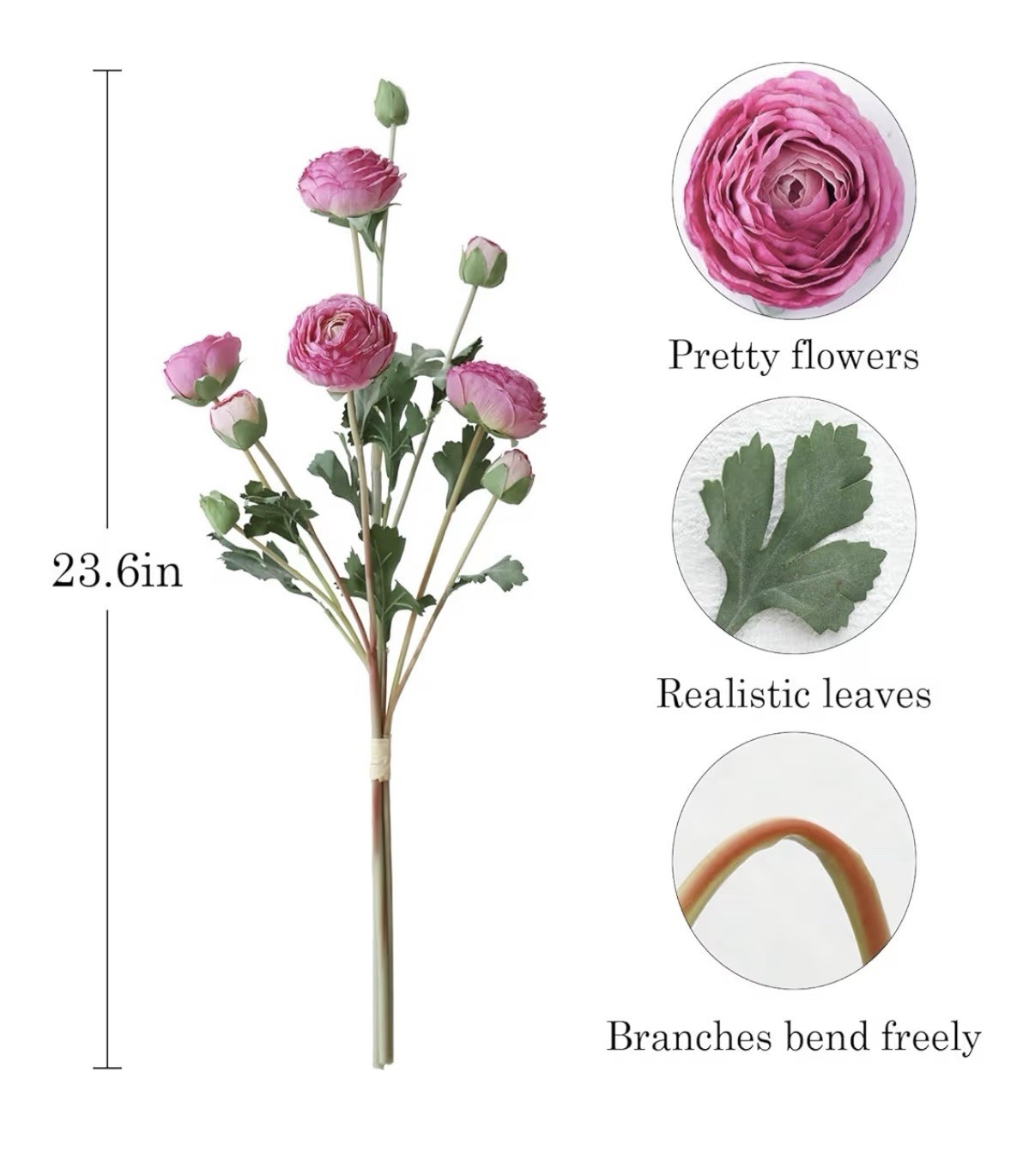 6 pieces of realistic silk purple ranunculum artificial flowers, long stems