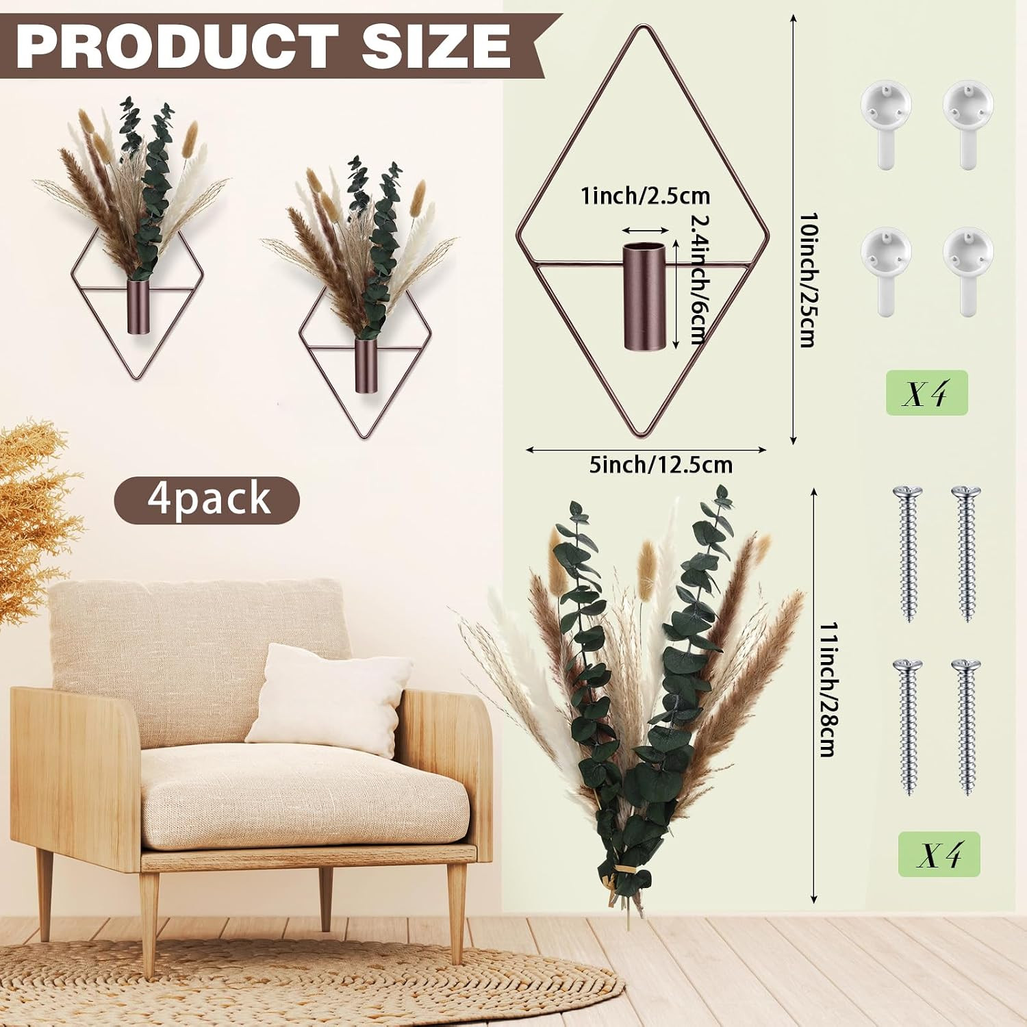 4 Pcs Hanging Planters with Artificial Pampas Metal Hanging Vase Indoor Plants H