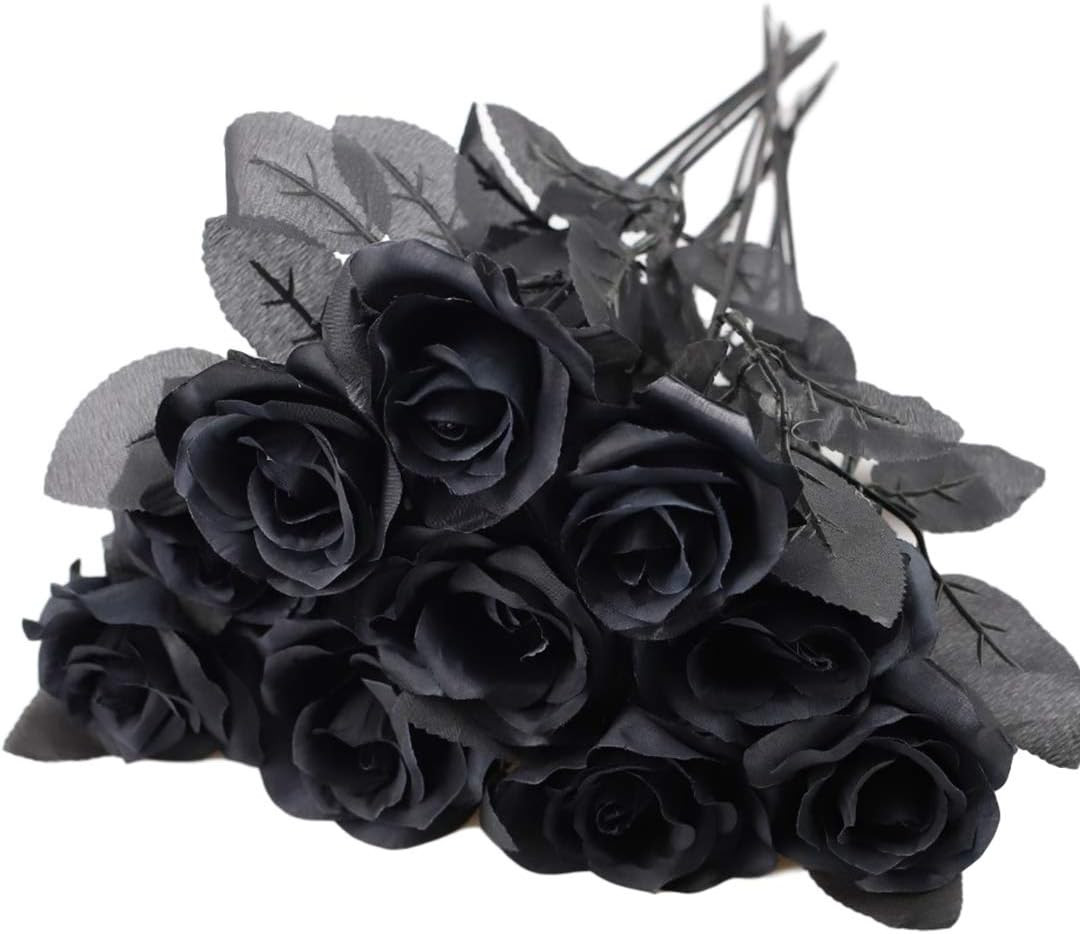 10Pcs Black Roses Artificial Flowers, All Black Faux Fake Silk Rose Black Flower