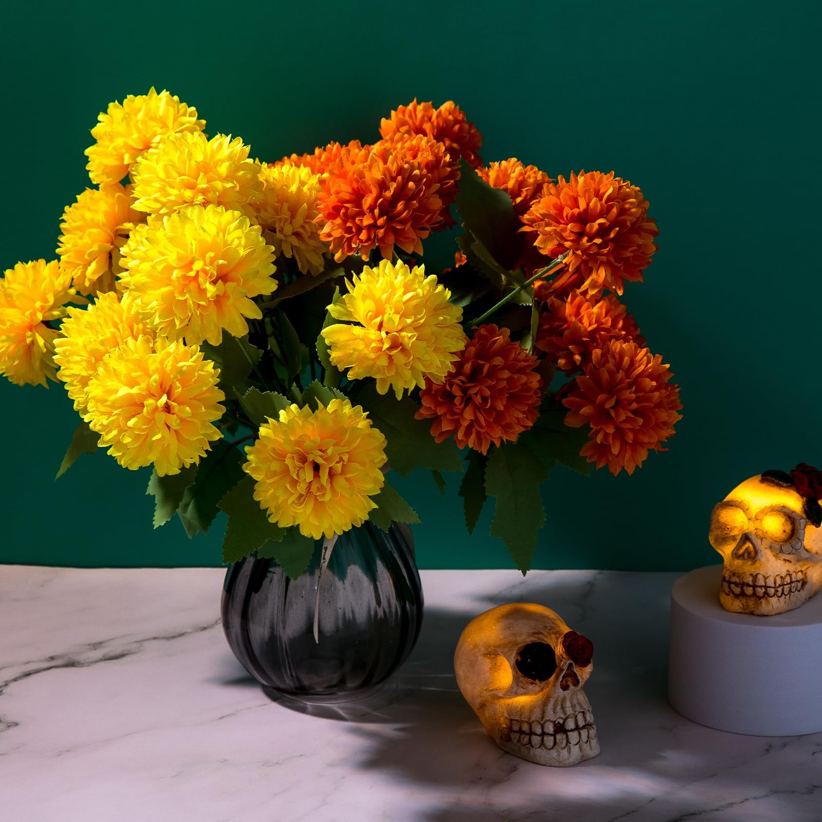 Artificial Silk Marigold Flower Heads Bouquet 12 Inch Orange Yellow 4 PCS