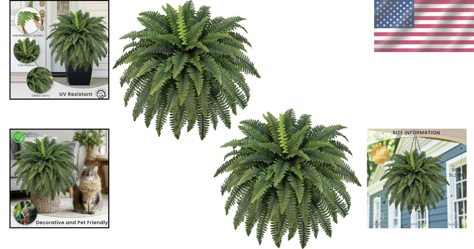 Large Fake Ferns for Outdoors – 65 Dense Fronds (2 Pack)