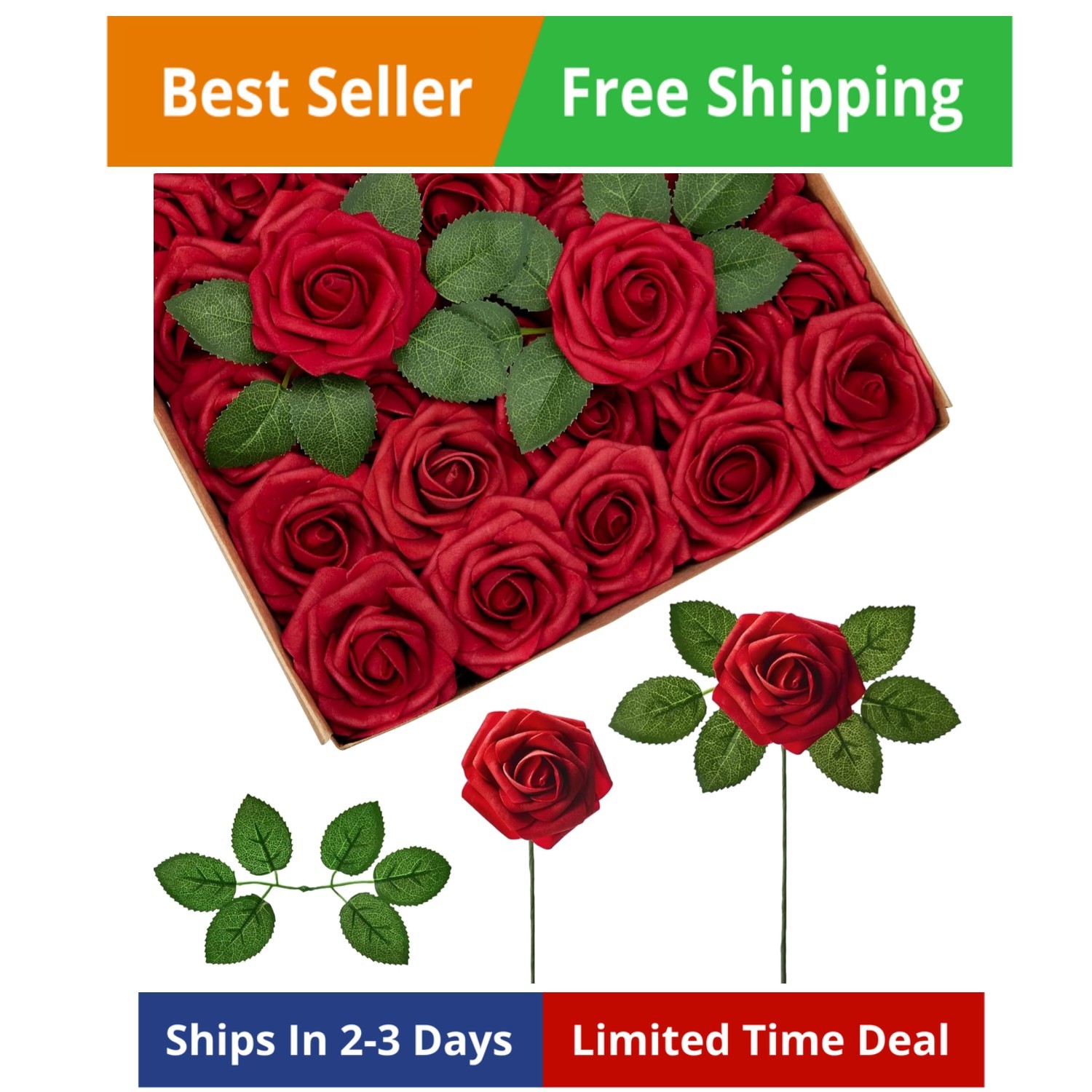 Artificial Flowers, 50 Pcs Dark Red Foam Fake Roses Bulk with Stems for Mothe…