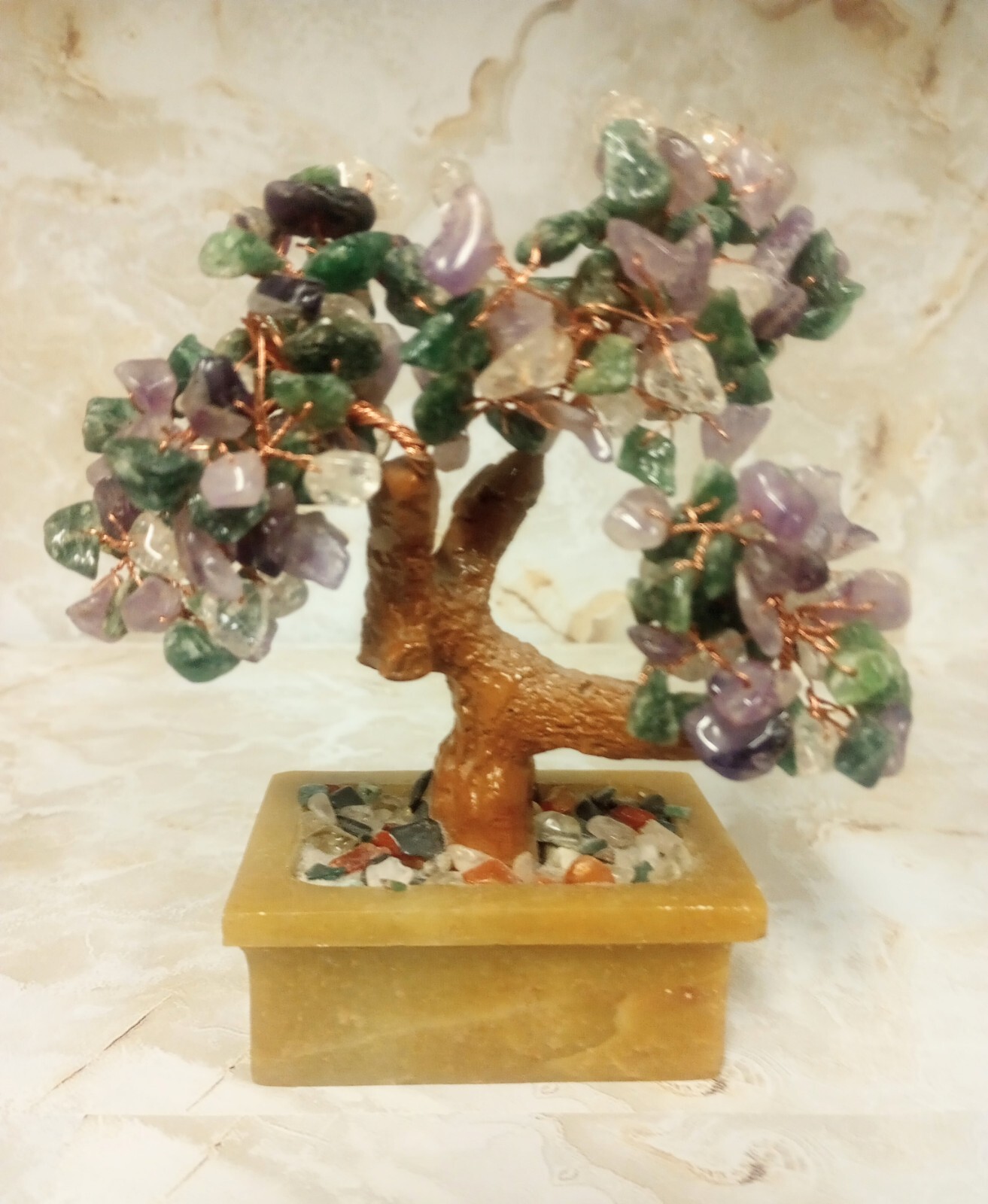 Japanese Amethyst Quartz Gemstone Bonsai Tree In Stone Pot 5.5″