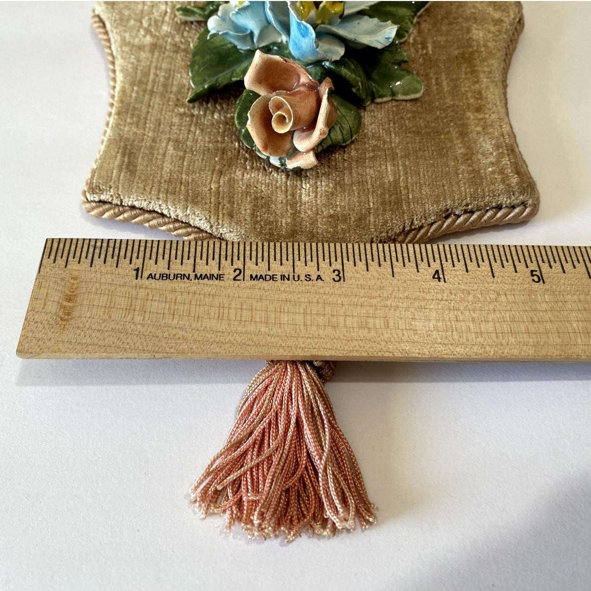 Capodimonte Floral Wall Plaque Porcelain Italy 1960s Velvet Back Tassel 12”