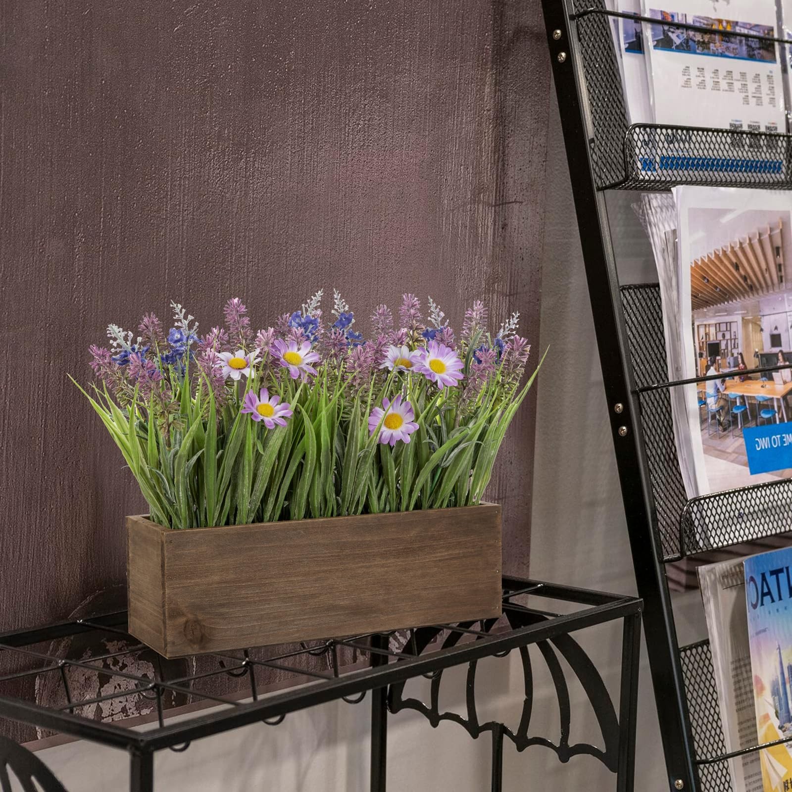 Artificial Lavender Flowers Arrangement in Rectangular Wood Planter Box, 10.6…