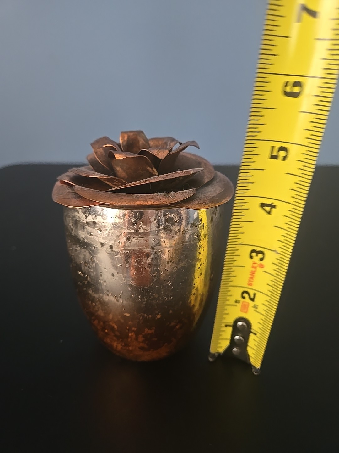 Copper Metal Rose Flower Top handcrafted bent welded & Partial Candle Glass