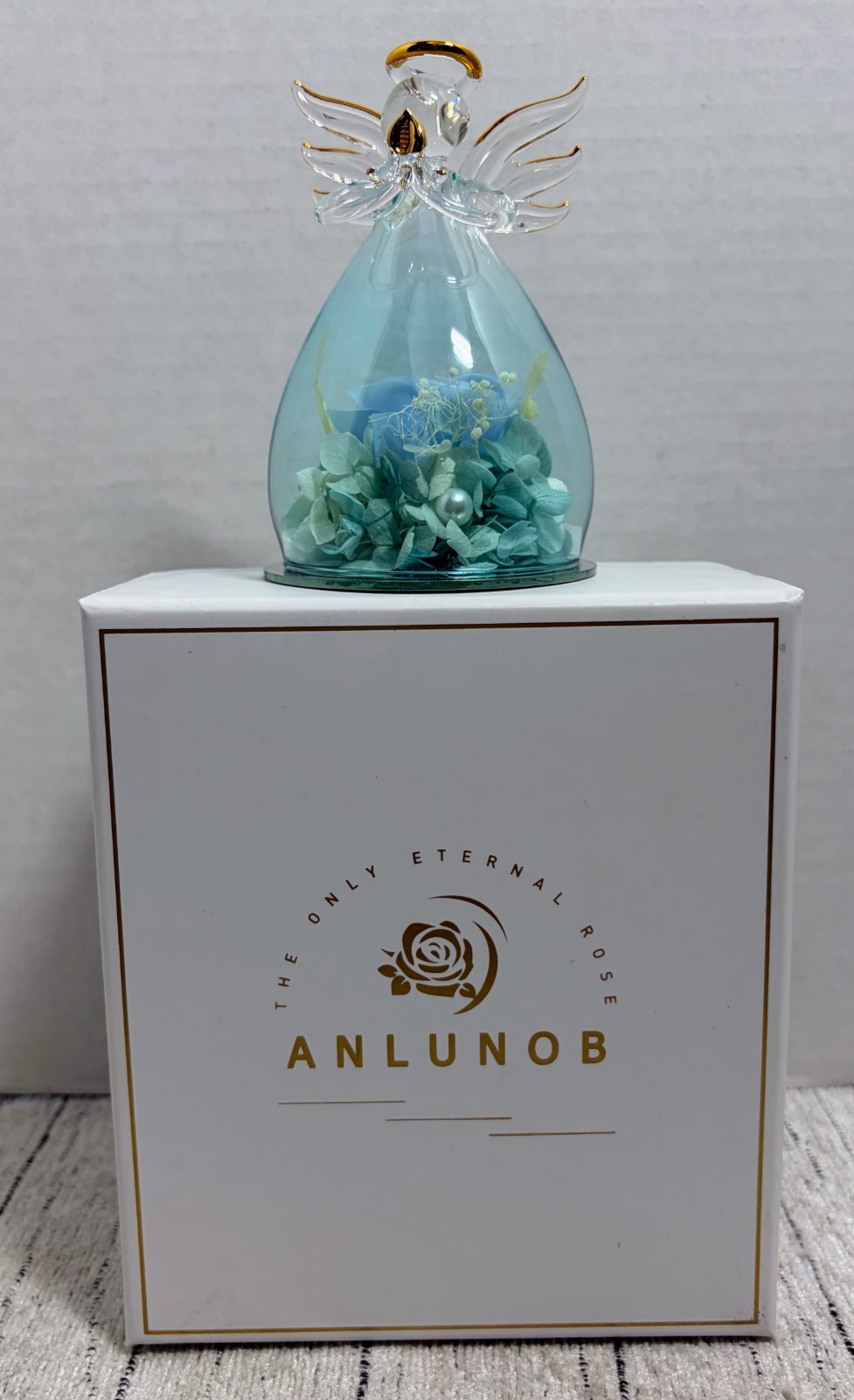 Glass Angel Figurine with Preserved Flowers – Eternal Rose ANLUNOB – Gift Box In