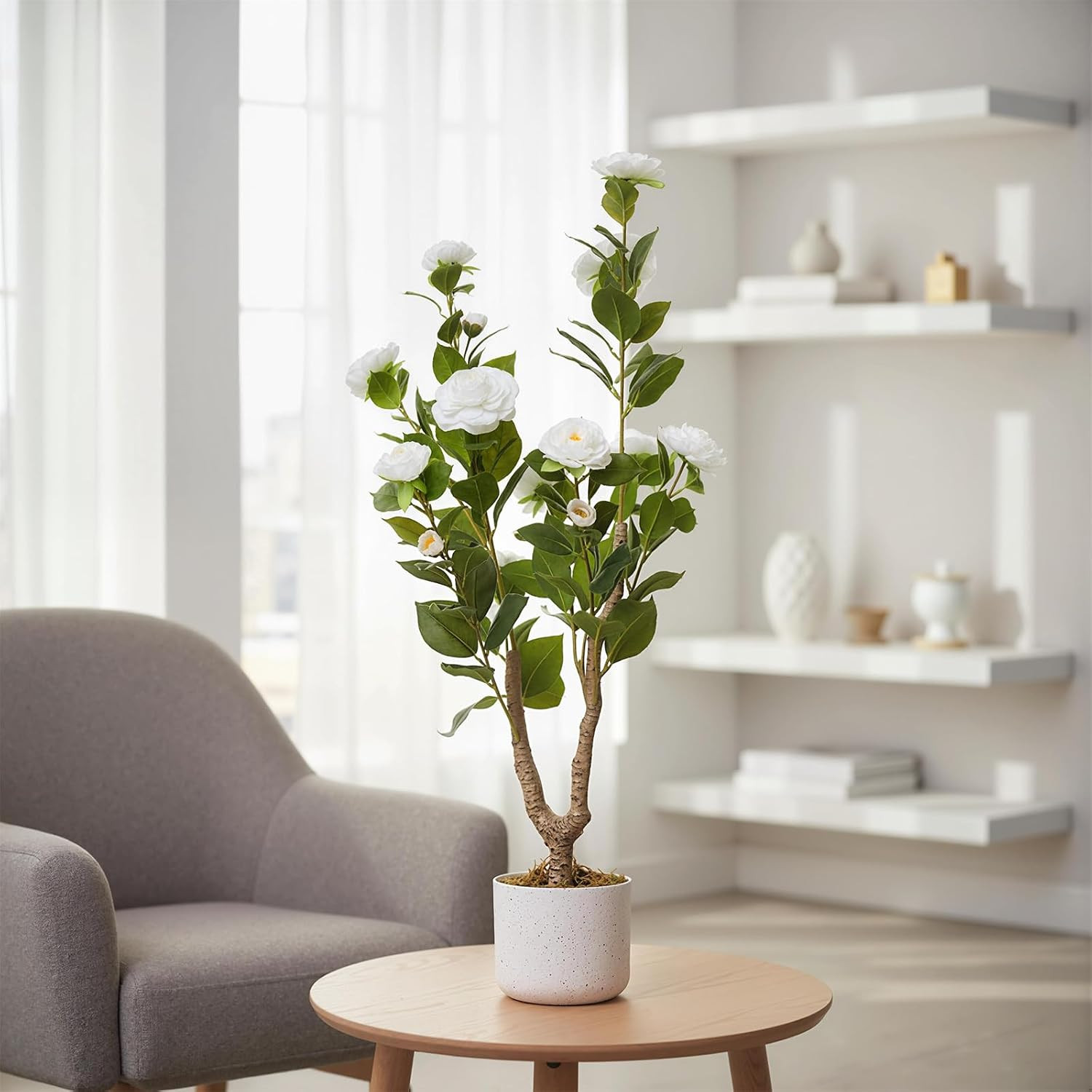 3FT Faux Camellia Tree in Pot – Realistic Indoor/Outdoor Decor with White Flower