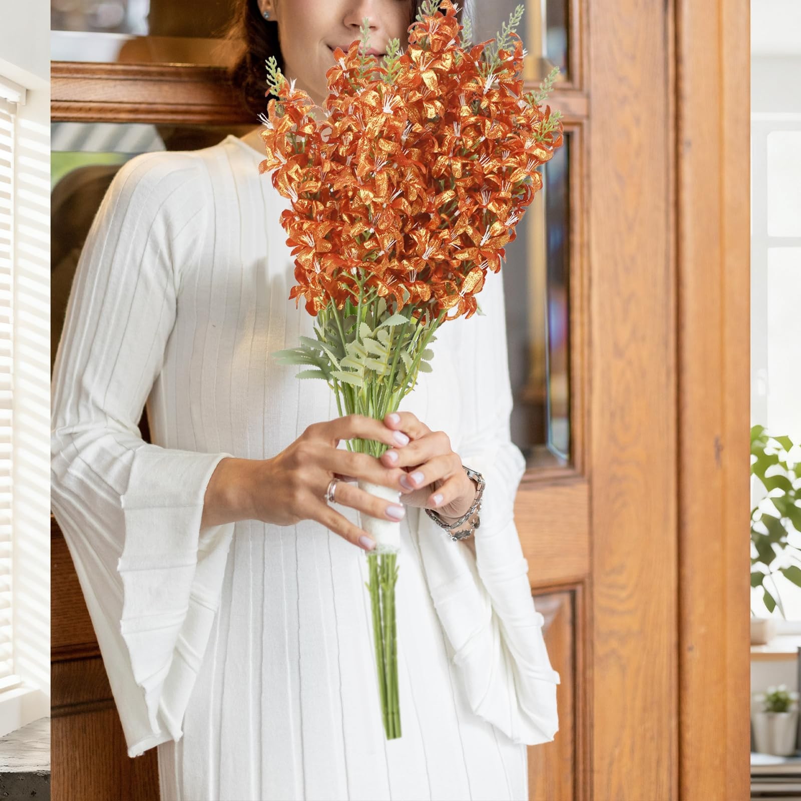 38″ Orange Glitter Delphinium Artificial Flowers, 6PCS Sparkle Metallic Silk …