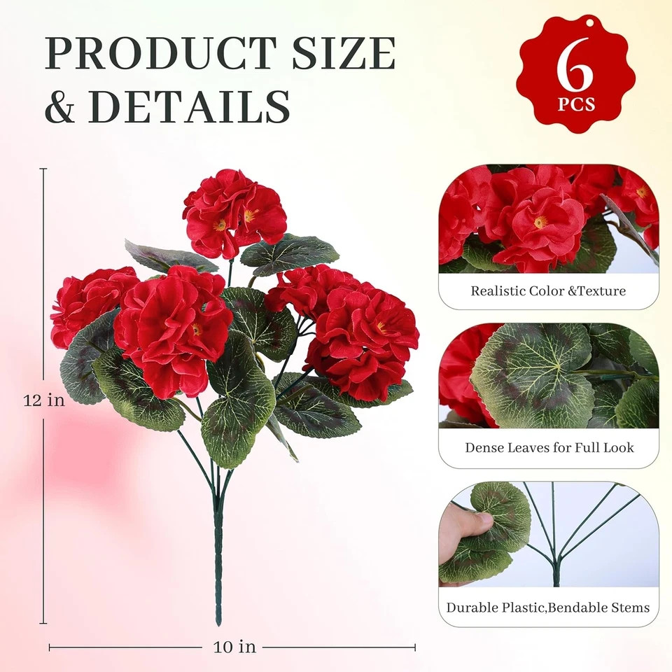 6 Pack Red Artificial Geraniums Flowers for Outdoors UV Resistant Faux Flowers f