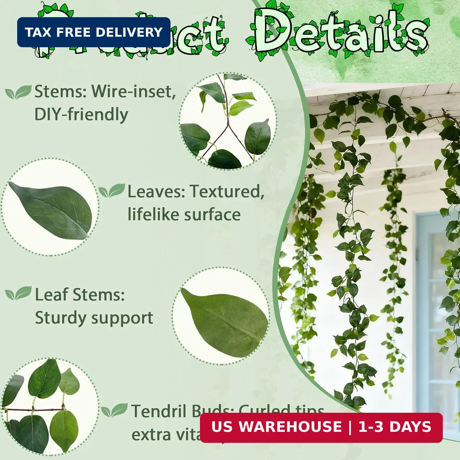 4Pack Total 24FT Green Fake Vines Ivy Leaves Vines for Bedroom Greenery Garland