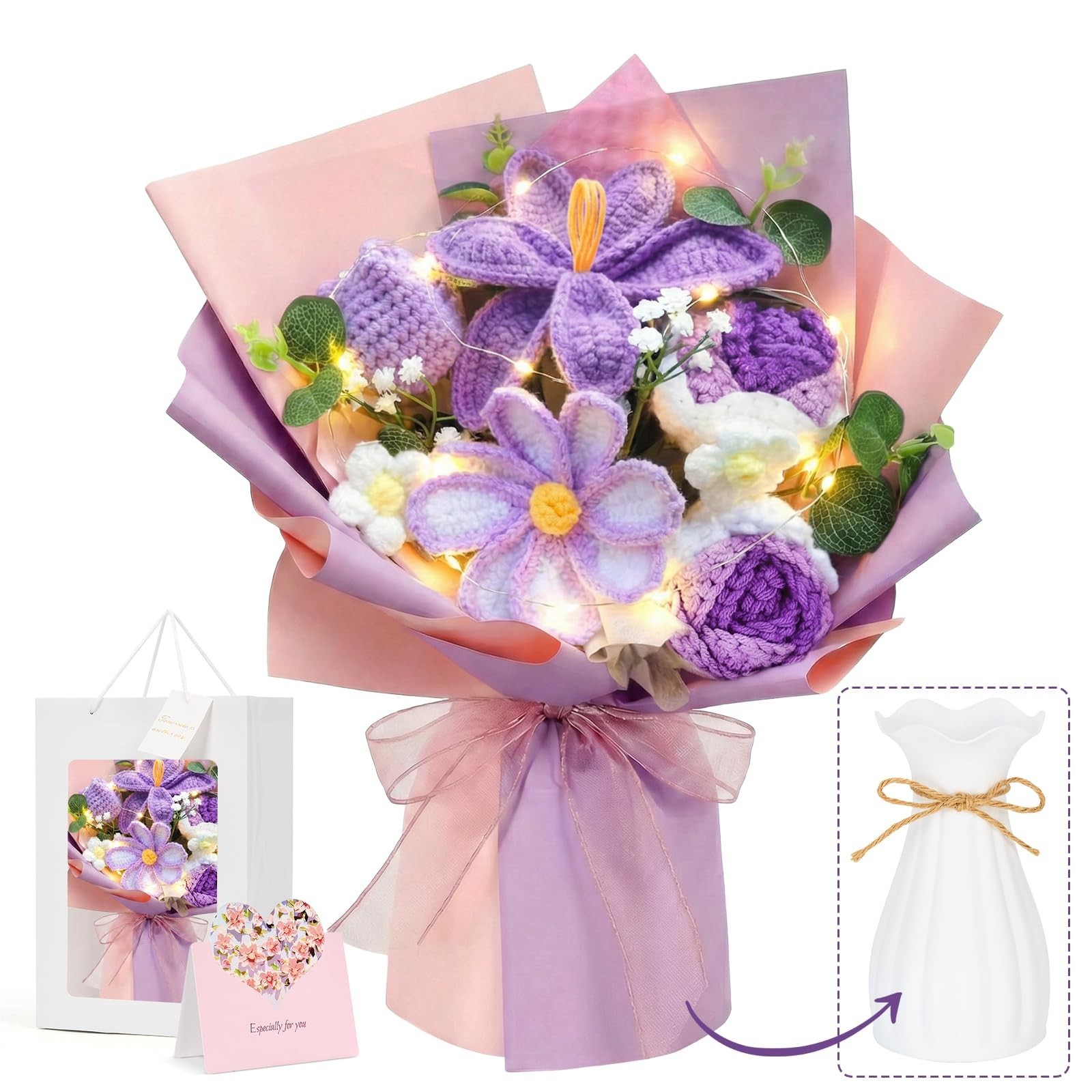 Handmade Crochet Flower Bouquet with Lights – Purple Tulips, Lilies, Roses & Dai