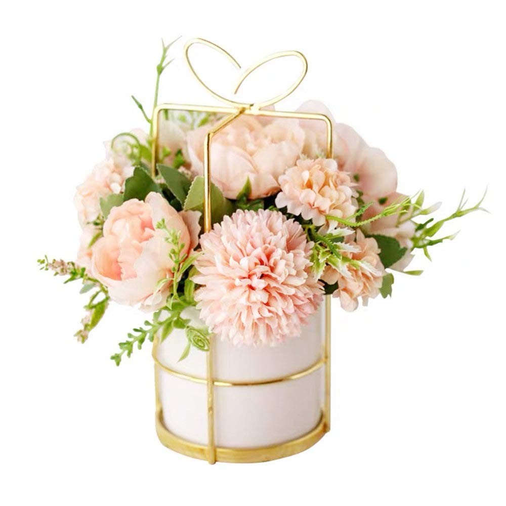 Artificial Flowers Peony Hydrangea Vase Set Wedding Centerpiece Pink 7.8in