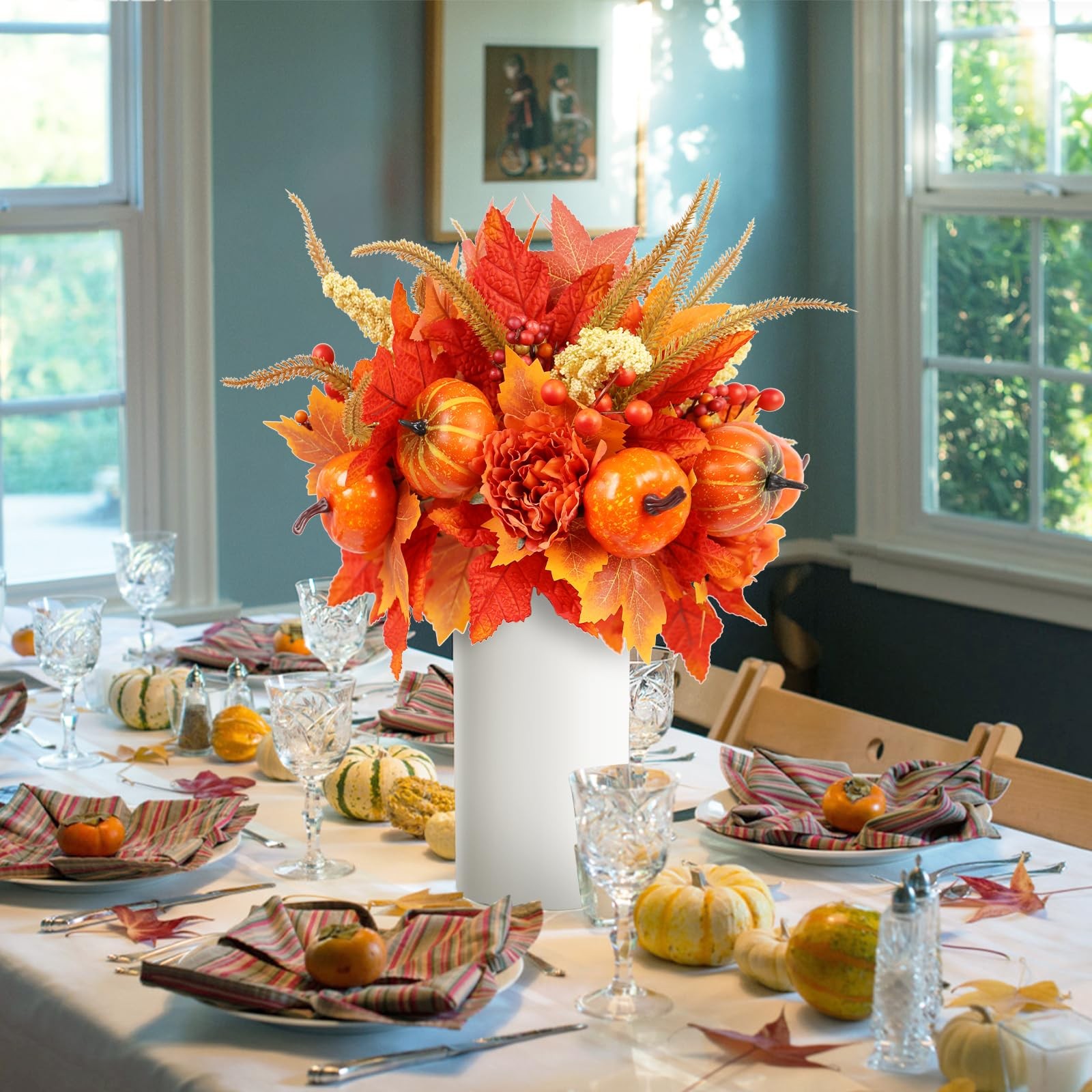 Fall Decor, 4PCS Artificial Autumn Pumpkin Berry Flower Maple Plant Stems Picks