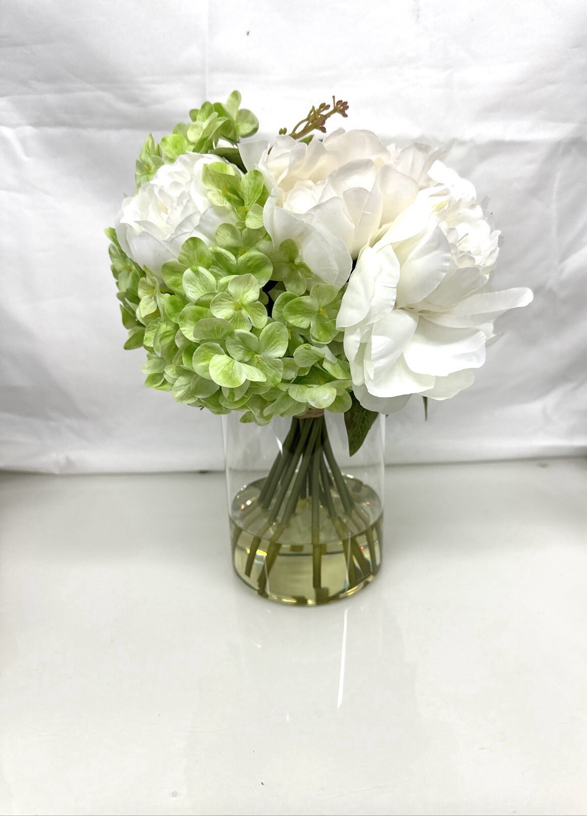 Artificial Peony Hydrangea and Tulip Glass Arrangement 13″ New