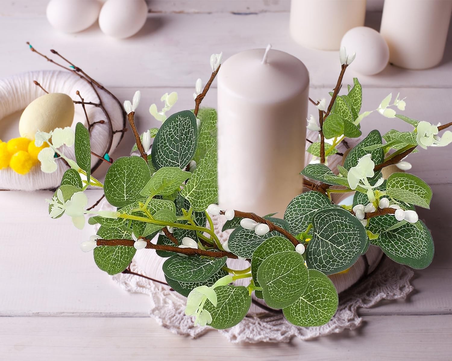 CARMELIT Easter Candle Ring Wreaths 15x15cm Artificial Eucalyptus Green 2 Pcs