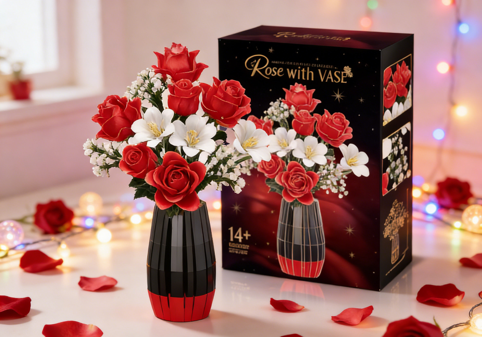 1077 PCS Artificial Rose Flower Bouquet Building Set with Vase – Perfect Gift fo