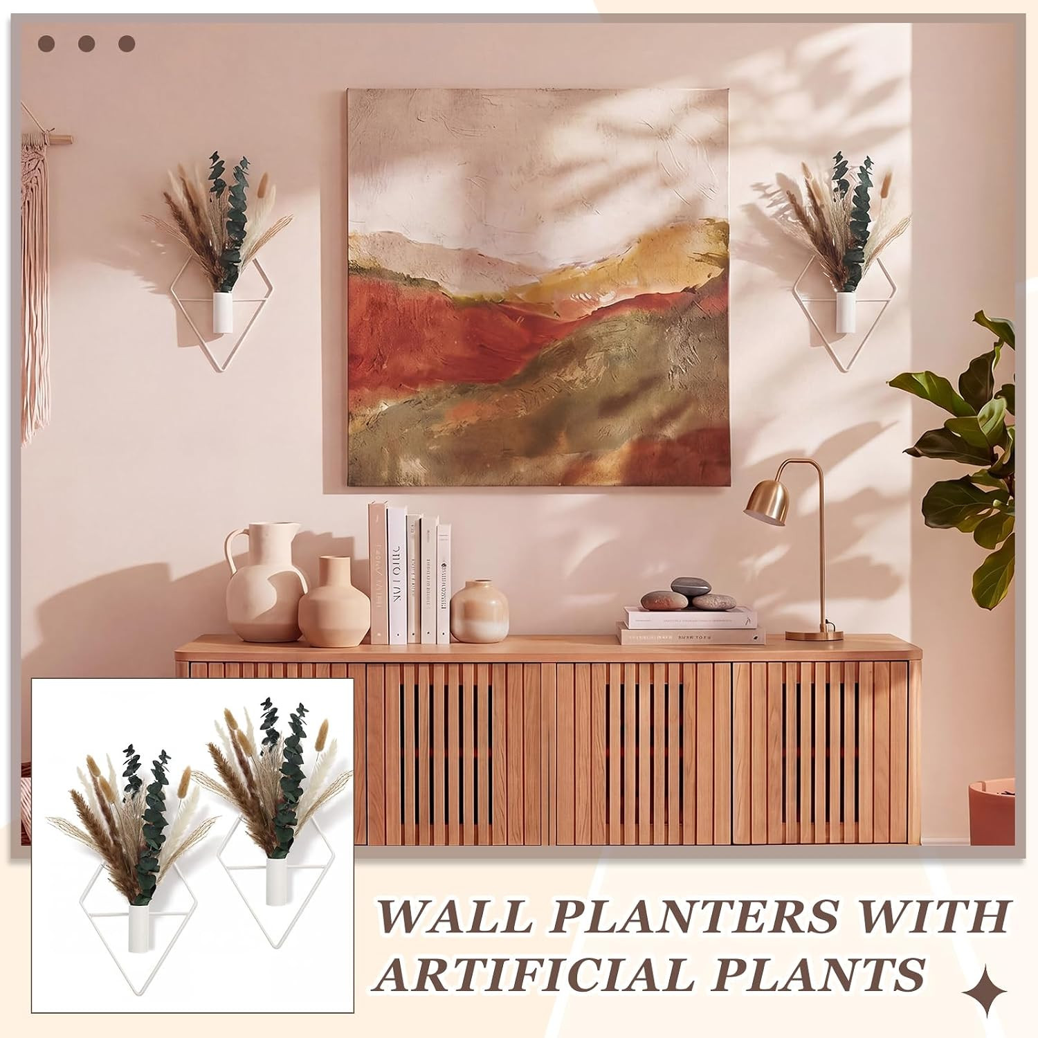 4 Pcs Hanging Planters with Artificial Pampas Eucalyptus Metal Hanging Vase Indo