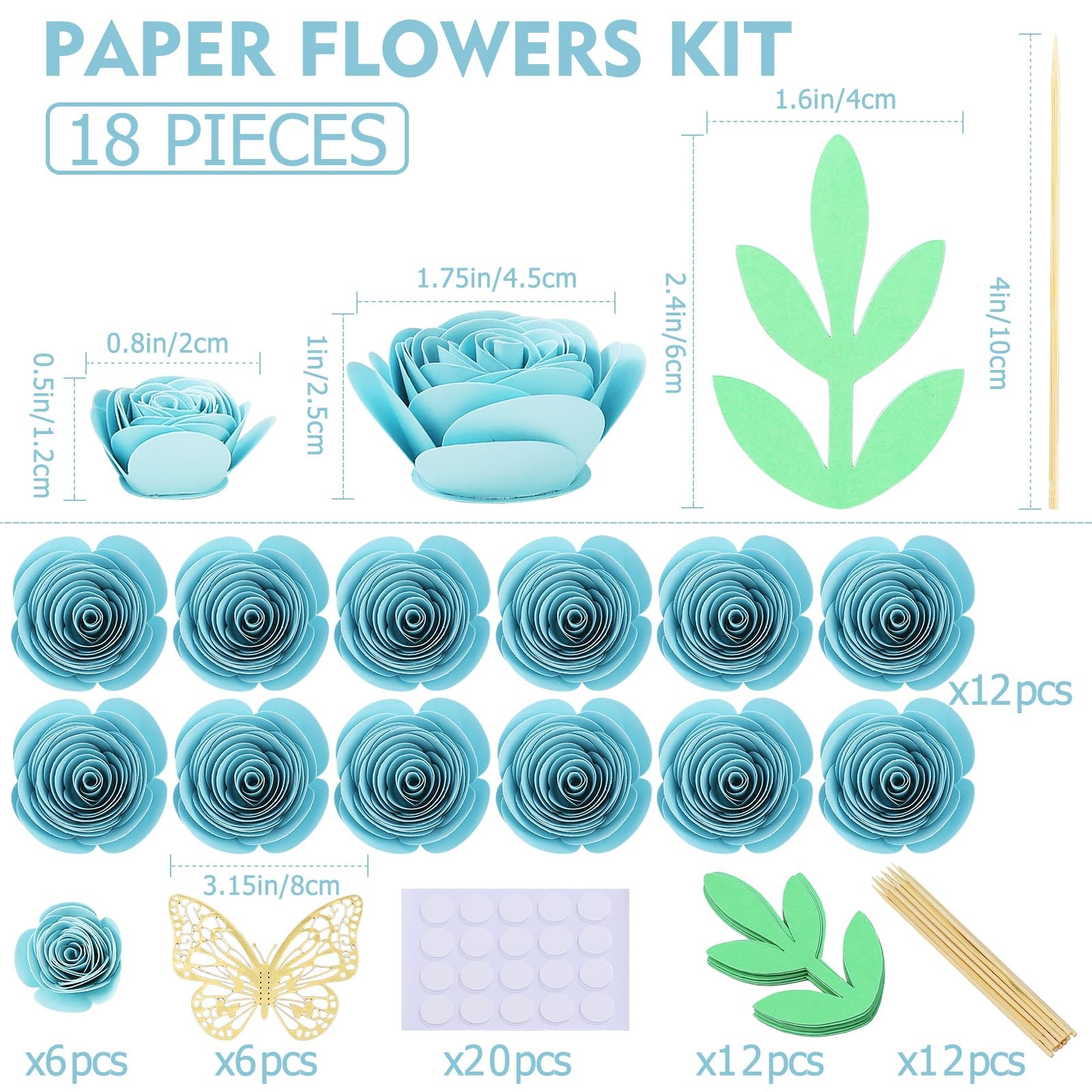 Light Blue Roses Artificial Flowers 18 PCS Mini Paper Crafts DIY Decoration