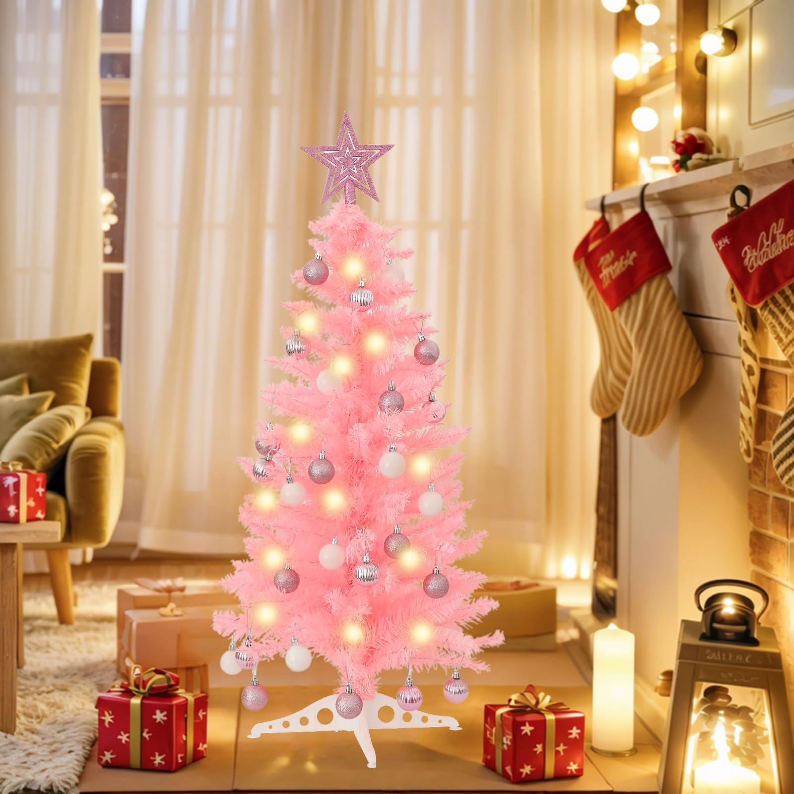 3 FT Pink Artificial Christmas Tree 50 Warm Lights 8 Modes Remote Star Top