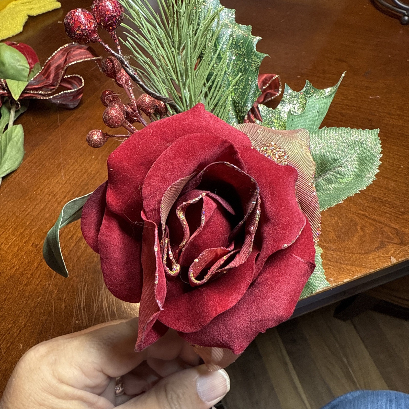 3 Pcs Faux Velvet Rose Flowers W/ Bows Christmas Pier One VTG Home Decorating