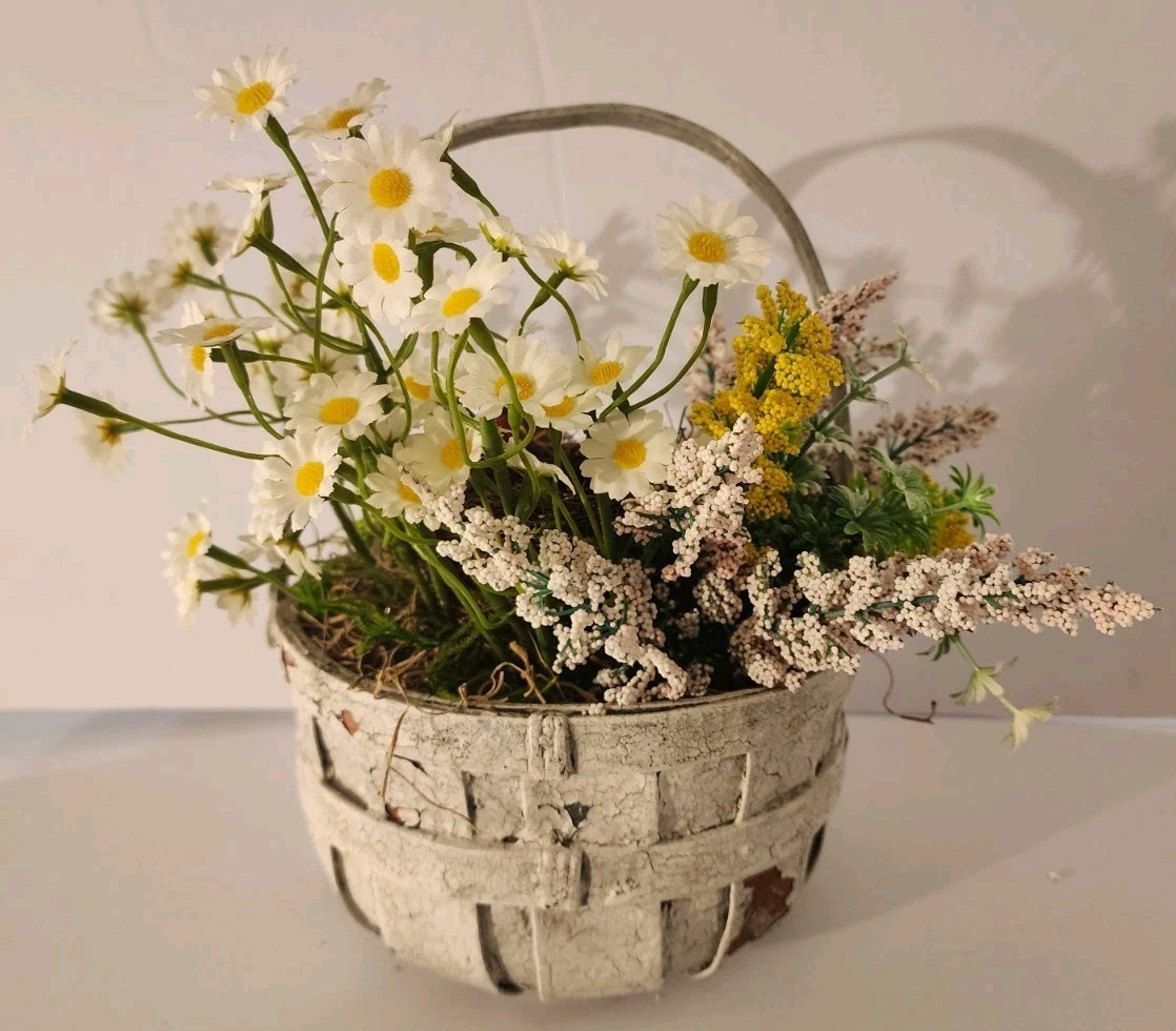 Artificial Bird Floral Arrangement In Crackled Apple Basket Summer Accent Piece