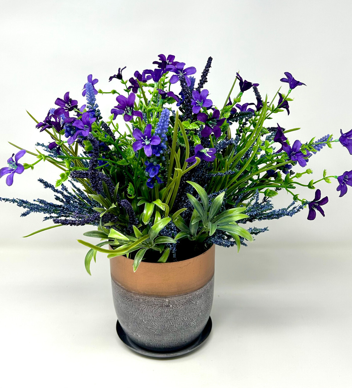 12-13″ Artificial Silk Large LAVENDER BOUQUET potted in 5 inch Metal Planter
