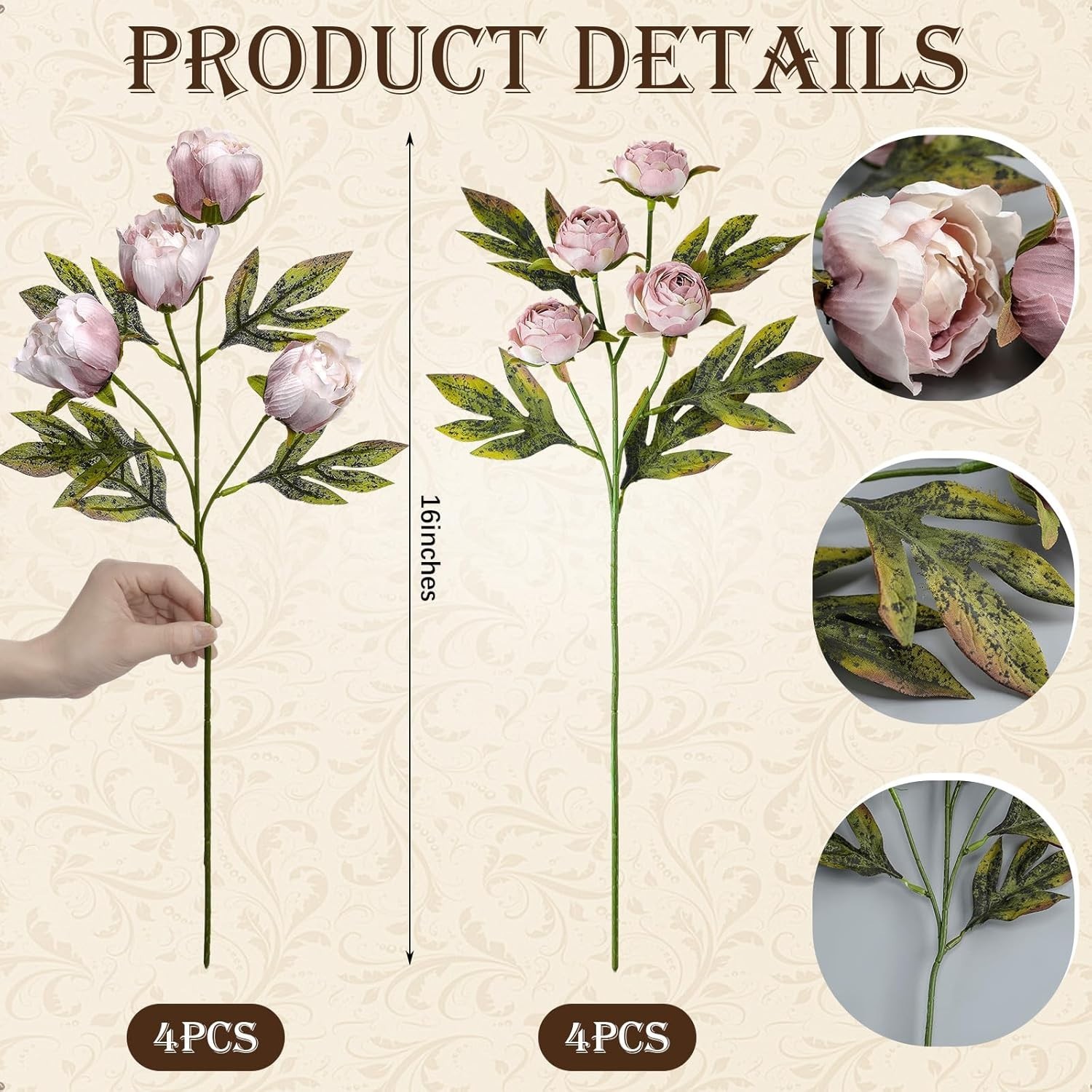 Luxurious 8 Pcs Faux Silk Peony Stems for Elegant Home Decor – Vintage Brownish