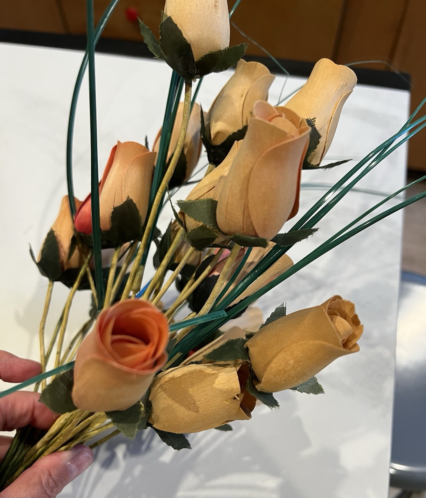 2 dozen Shaved Wood Rose Buds on stems, Cream and Rose Colors
