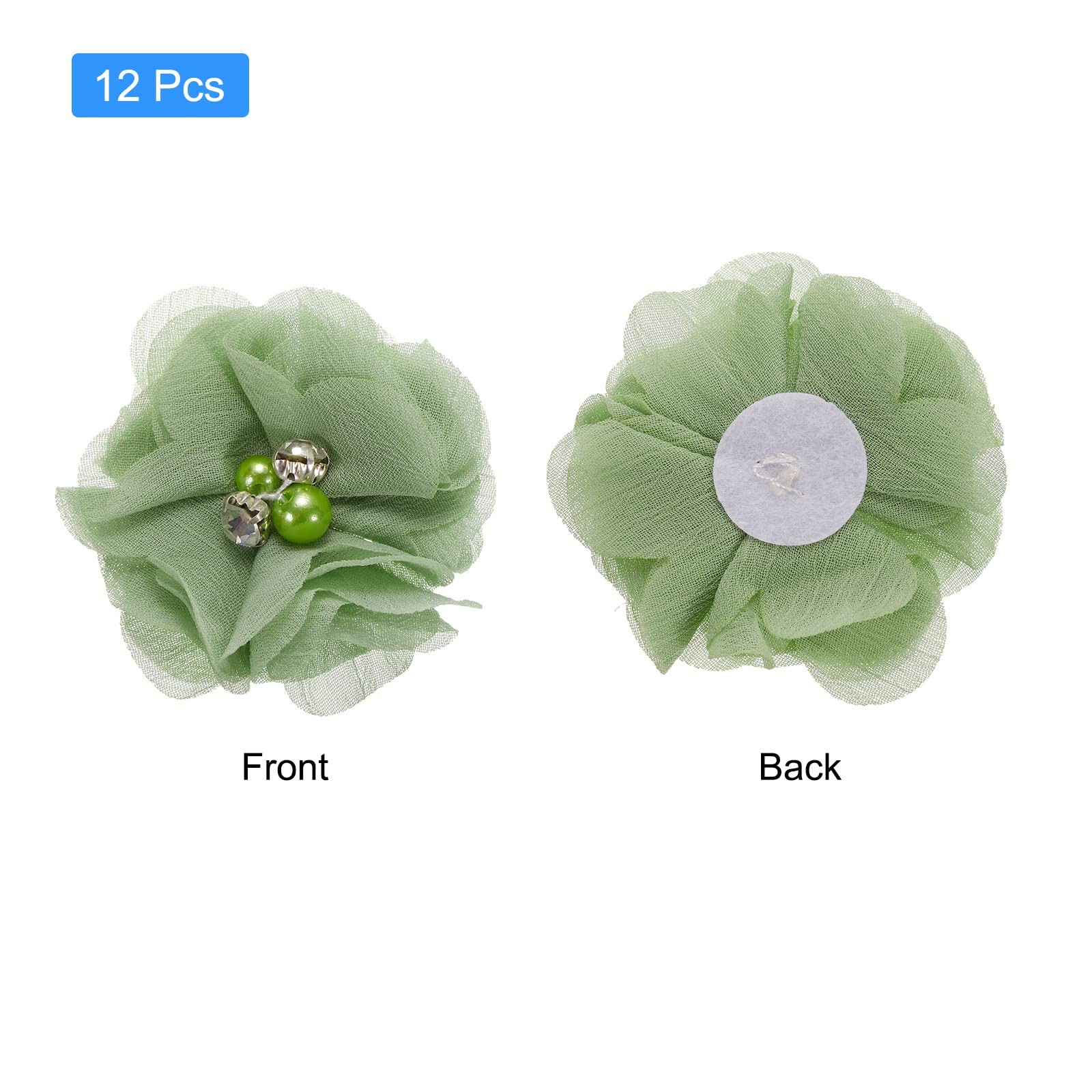 12 PCS 2 Inch Light Green Artificial Rhinestone Chiffon Flower Head Craft