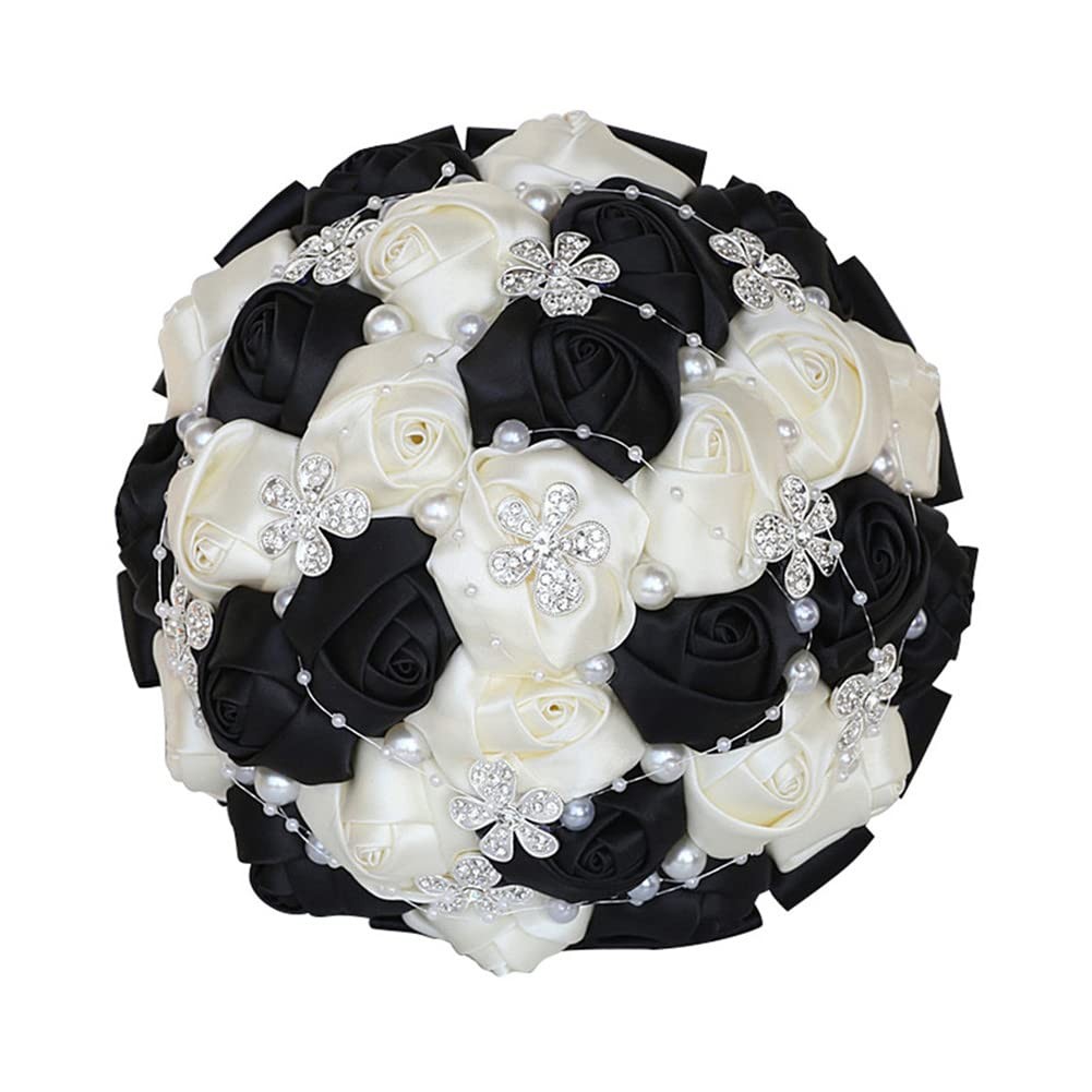 Black Ivory Bridal Wedding Bouquet Satin Rose Rhinestone Pearls Quinceanera
