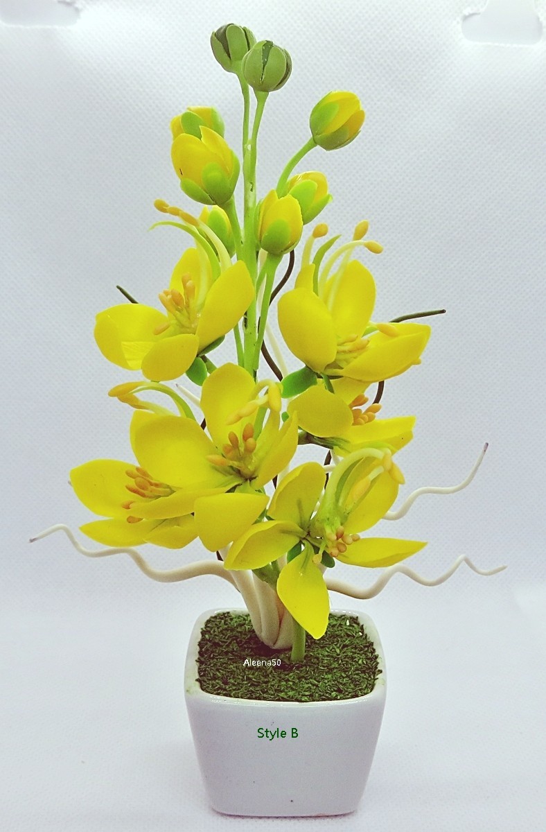 7″H Handcrafted Clay Cassia Fistula M-sized Yellow Flower Arranged in Pot US Stk