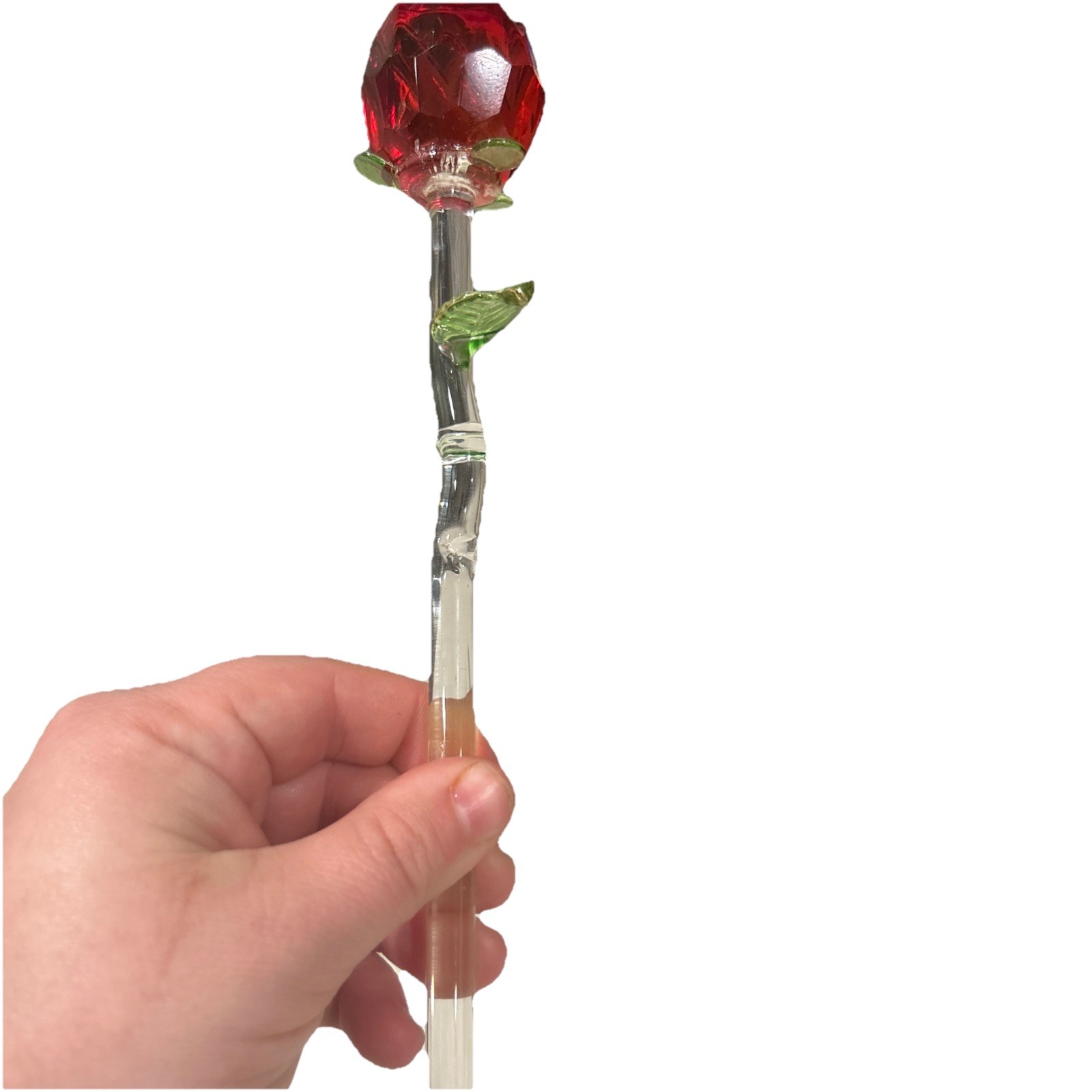 Lot 2 Crystal Glass Red Rose Clear Green Stem 13” In Tact (missing some petals)