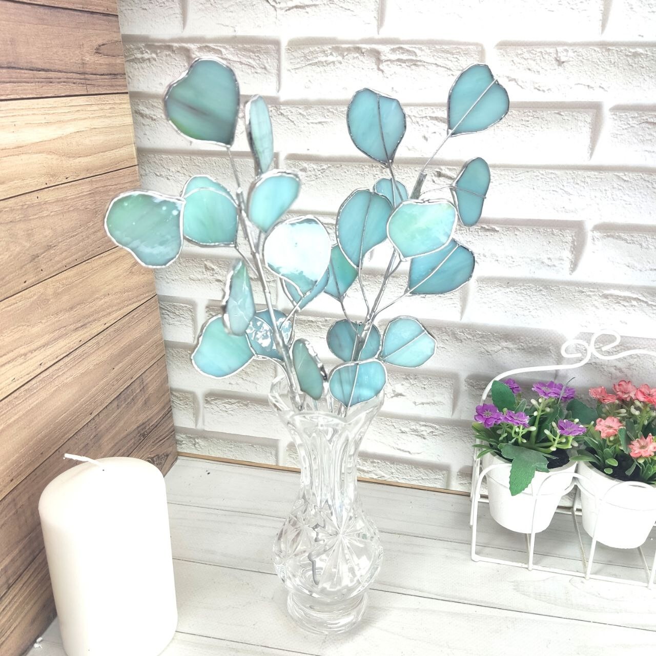 Stained glass eucalyptus branch, glass eucalyptus, plant stake for vase or garde
