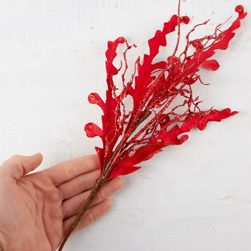 Red Glitter and Velvet Leaf and Twig Picks | 4 Floral Spray