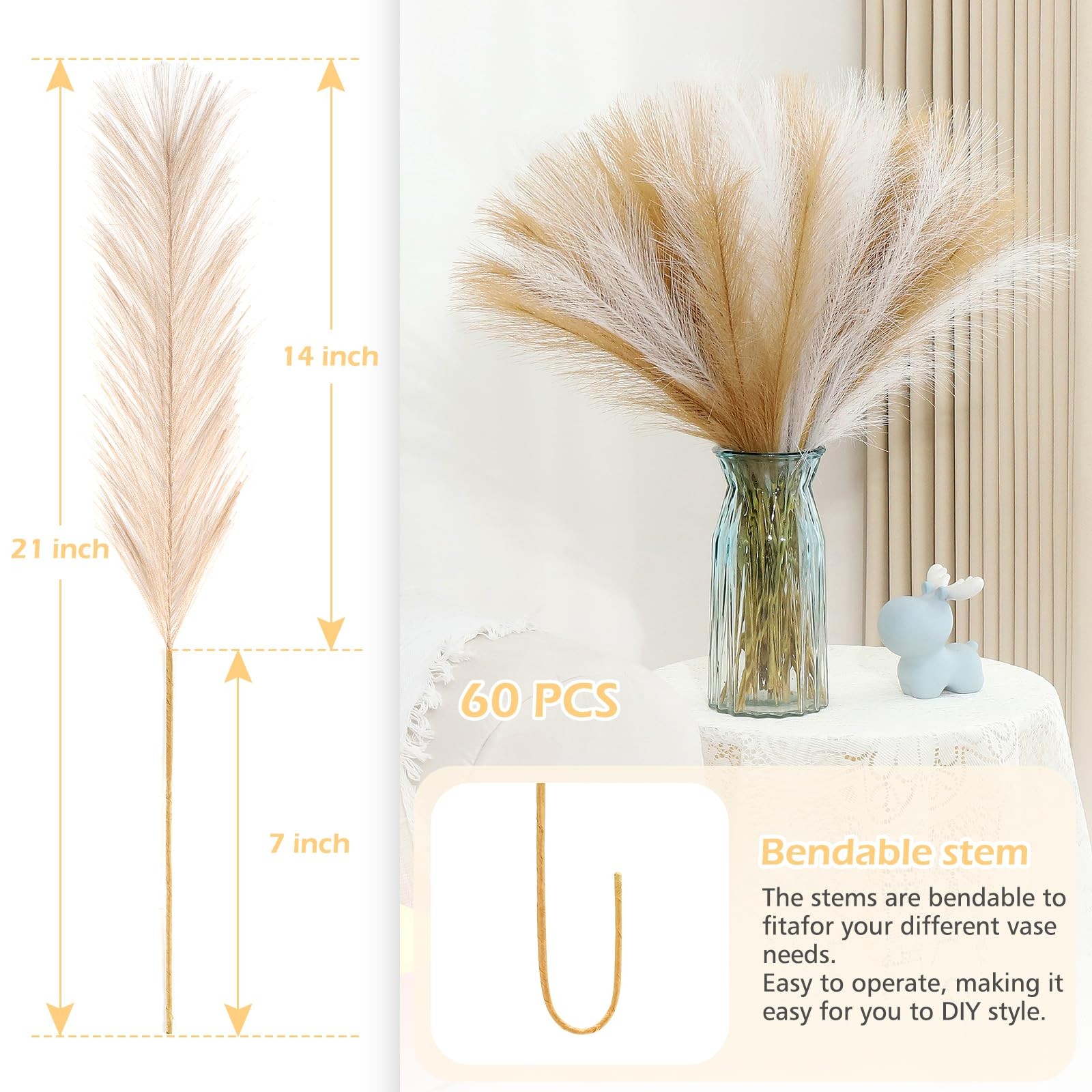 60 PCS 21.7 Inch Brown Faux Pampas Grass Artificial Dried Flowers Bulk Pack